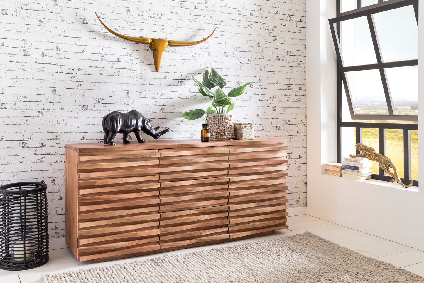 Sideboard 160 mal 75 mal 43 cm Massiv Holz Akazie Natur Baumkante Anrichte Landhaus Stil Kommode mit Schubladen und Tueren Flur Schrank Standschrank