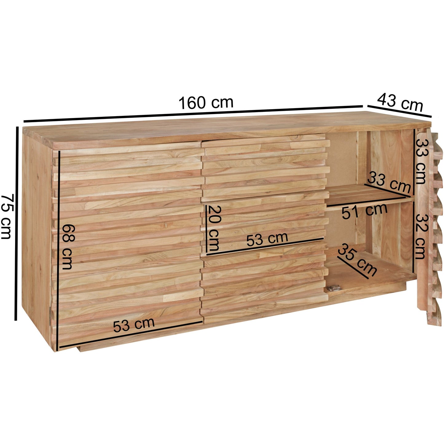 Sideboard 160 mal 75 mal 43 cm Massiv Holz Akazie Natur Baumkante Anrichte Landhaus Stil Kommode mit Schubladen und Tueren Flur Schrank Standschrank