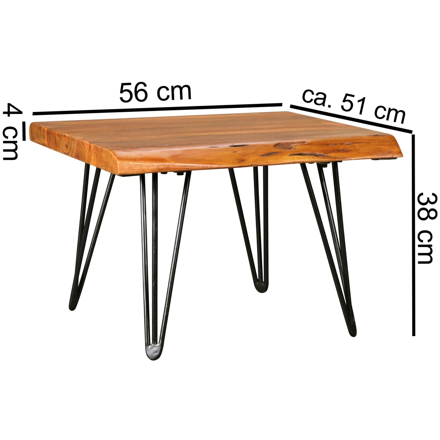 Design Couchtisch Sheesham Massivholz Tisch Baumkante 56 mal 38 mal 51 cm Sheesham Holztisch mit Metallbeinen Wohnzimmertisch im rustikalen Landhausstil