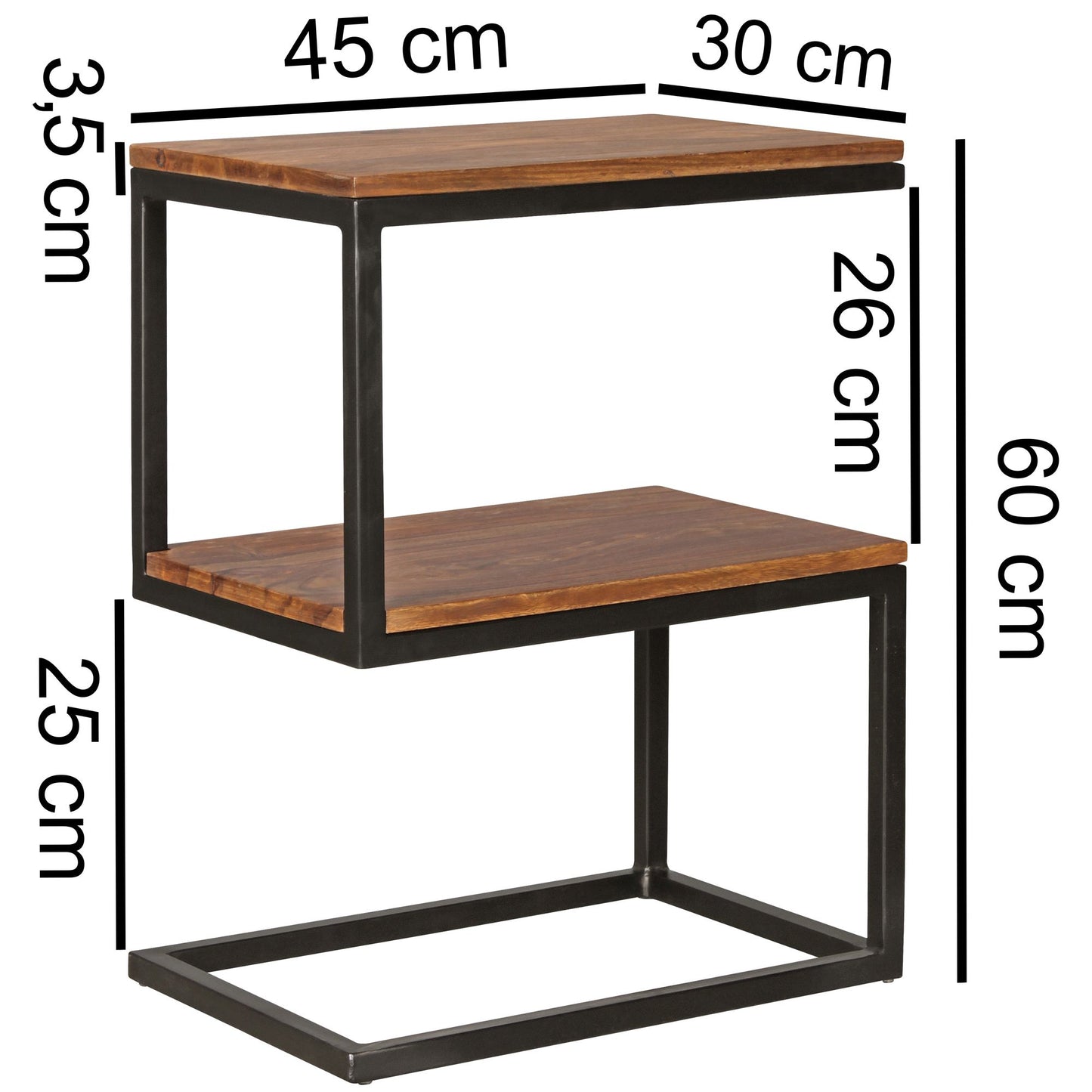 Beistelltisch AKOLA S Form Massiv Holz Sheesham Metall 45 mal 60 mal 30 cm Design Wohnzimmertisch Landhaus Stil Anstelltisch Ablagetisch eckig