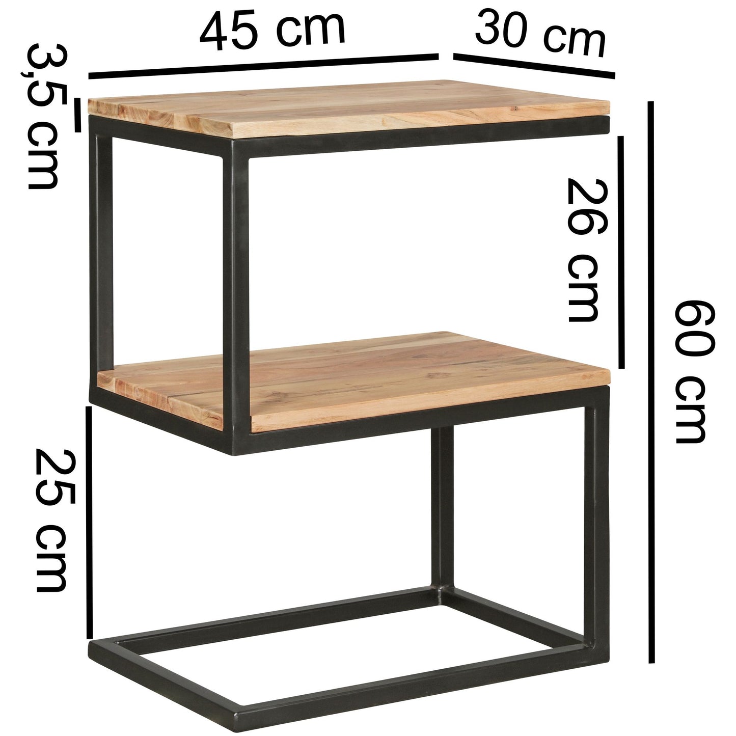 Beistelltisch AKOLA S Form Massiv Holz Akazie Metall 45 mal 60 mal 30 cm Design Wohnzimmertisch Landhaus Stil Anstelltisch Ablagetisch eckig
