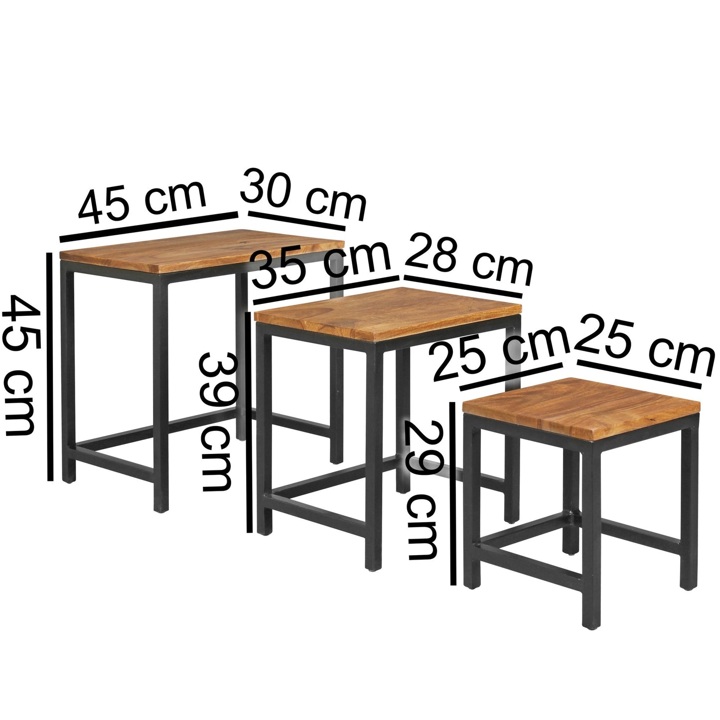 3er Set Design Beistelltisch AKOLA Sheesham Satztisch Metallbeine Tischset 3 teilig Materialmi mal  Couchtisch aus Massivholz