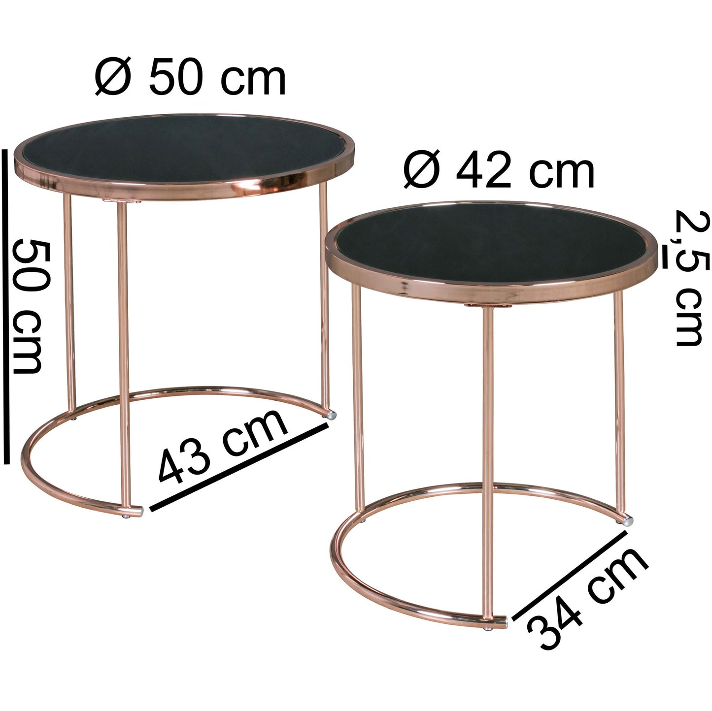 Design 2er Set Satztisch ø 42 cm 45 cm  Metall Glas Schwarz Kupfer Couchtisch verspiegelt Wohnzimmertisch modern Glastisch Beistelltisch rund