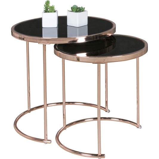 Design 2er Set Satztisch ø 42 cm 45 cm  Metall Glas Schwarz Kupfer Couchtisch verspiegelt Wohnzimmertisch modern Glastisch Beistelltisch rund