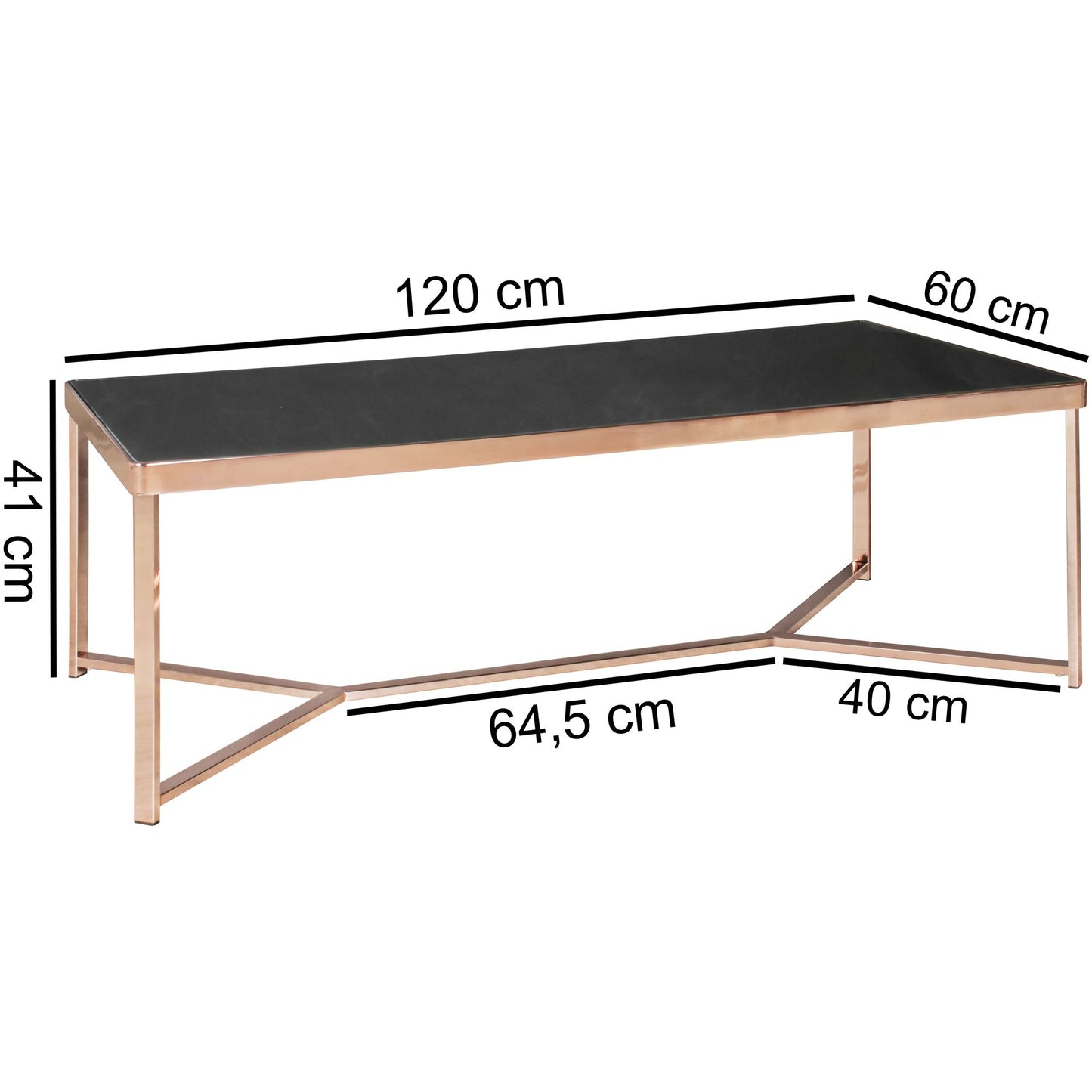 Design Couchtisch Glasplatte Schwarz Gestell Kupfer 120 mal 60 mal 40 cm Wohnzimmertisch verspiegelt Sofatisch modern Glastisch Kaffeetisch eckig Loungetisch