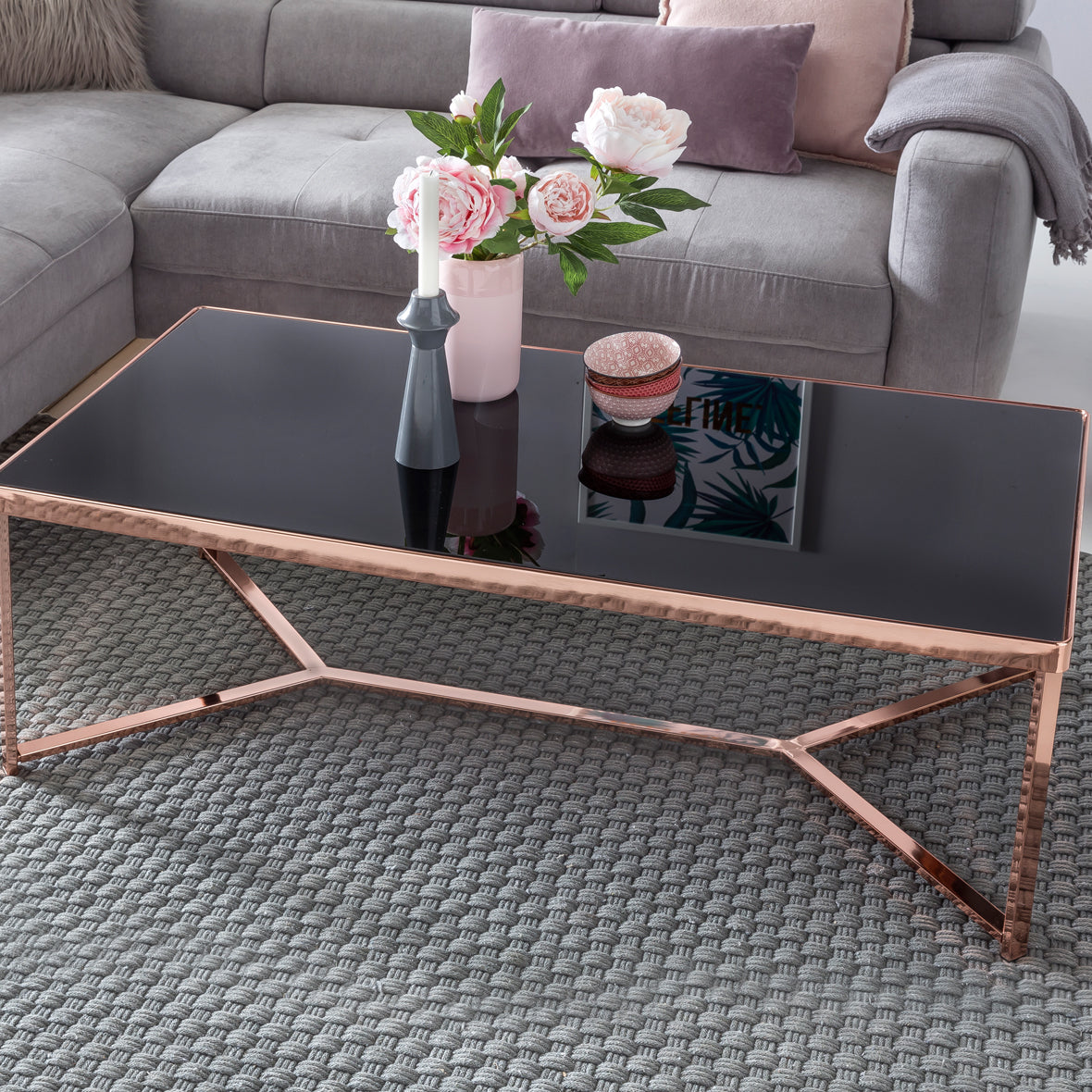 Design Couchtisch Glasplatte Schwarz Gestell Kupfer 120 mal 60 mal 40 cm Wohnzimmertisch verspiegelt Sofatisch modern Glastisch Kaffeetisch eckig Loungetisch