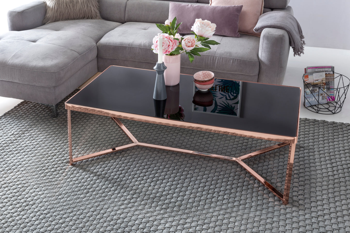 Design Couchtisch Glasplatte Schwarz Gestell Kupfer 120 mal 60 mal 40 cm Wohnzimmertisch verspiegelt Sofatisch modern Glastisch Kaffeetisch eckig Loungetisch