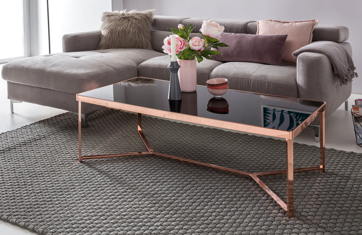Design Couchtisch Glasplatte Schwarz Gestell Kupfer 120 mal 60 mal 40 cm Wohnzimmertisch verspiegelt Sofatisch modern Glastisch Kaffeetisch eckig Loungetisch