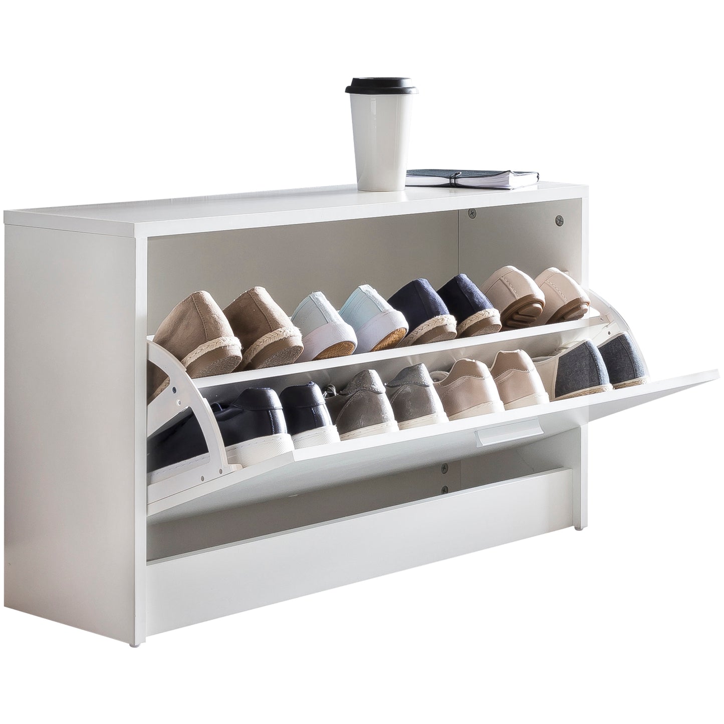 Schuhbank SPLIT mit Sitzflaeche Weiss Schuhkipper Holz 80 mal 47 mal 24 cm Flurbank klein geschlossen Sitzbank schmal Flur mit Stauraum Schuhschrank einzeln Garderobenbank Bank Flurmoebel