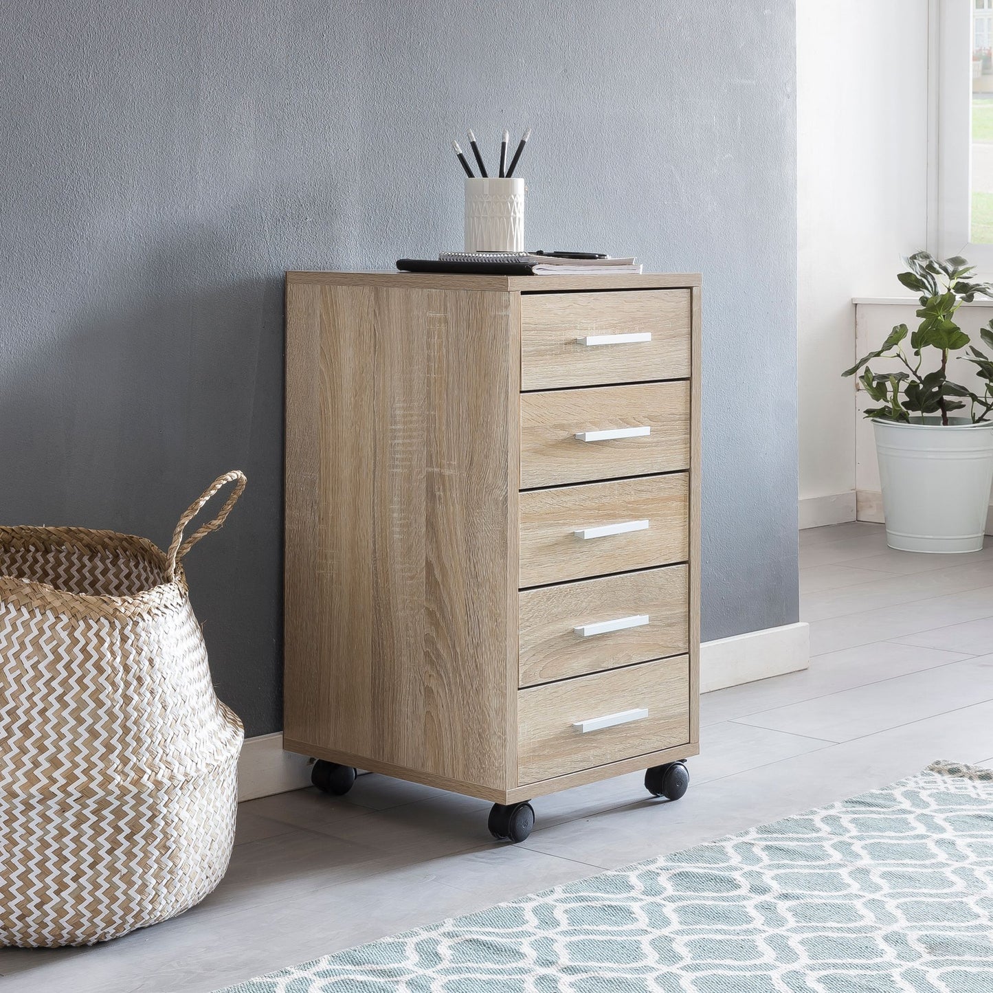 Rollcontainer Sonoma 33 mal 63 mal 38 cm Holz Schubladenschrank Schreibtisch Buero Schrank mit 5 Schubladen Container Rollschrank klein Standcontainer schmal Schreibtischcontainer mit Rollen