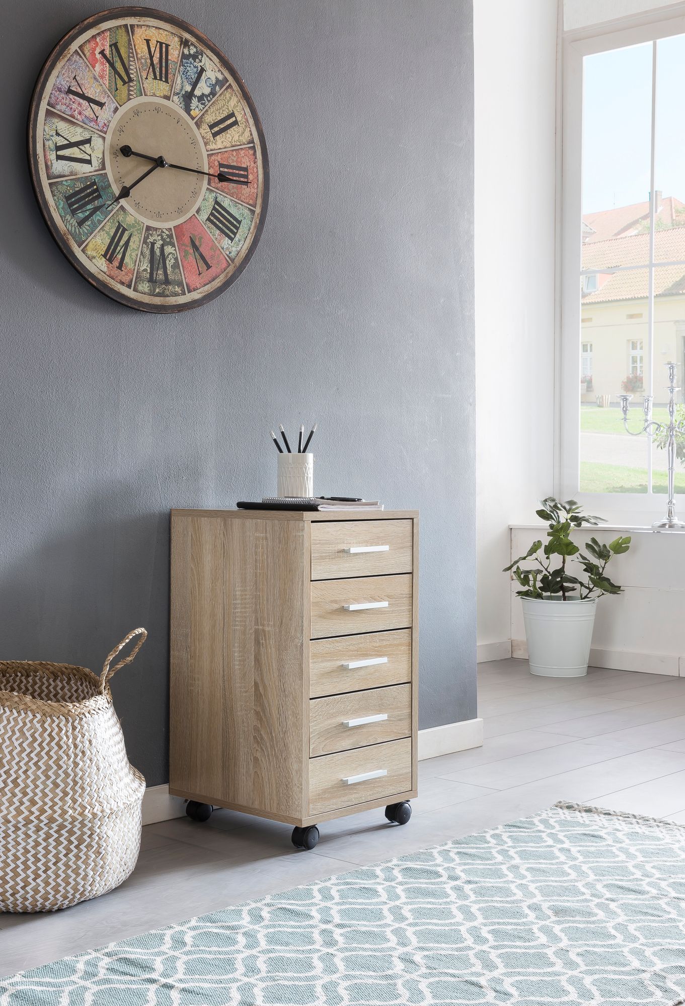 Rollcontainer Sonoma 33 mal 63 mal 38 cm Holz Schubladenschrank Schreibtisch Buero Schrank mit 5 Schubladen Container Rollschrank klein Standcontainer schmal Schreibtischcontainer mit Rollen