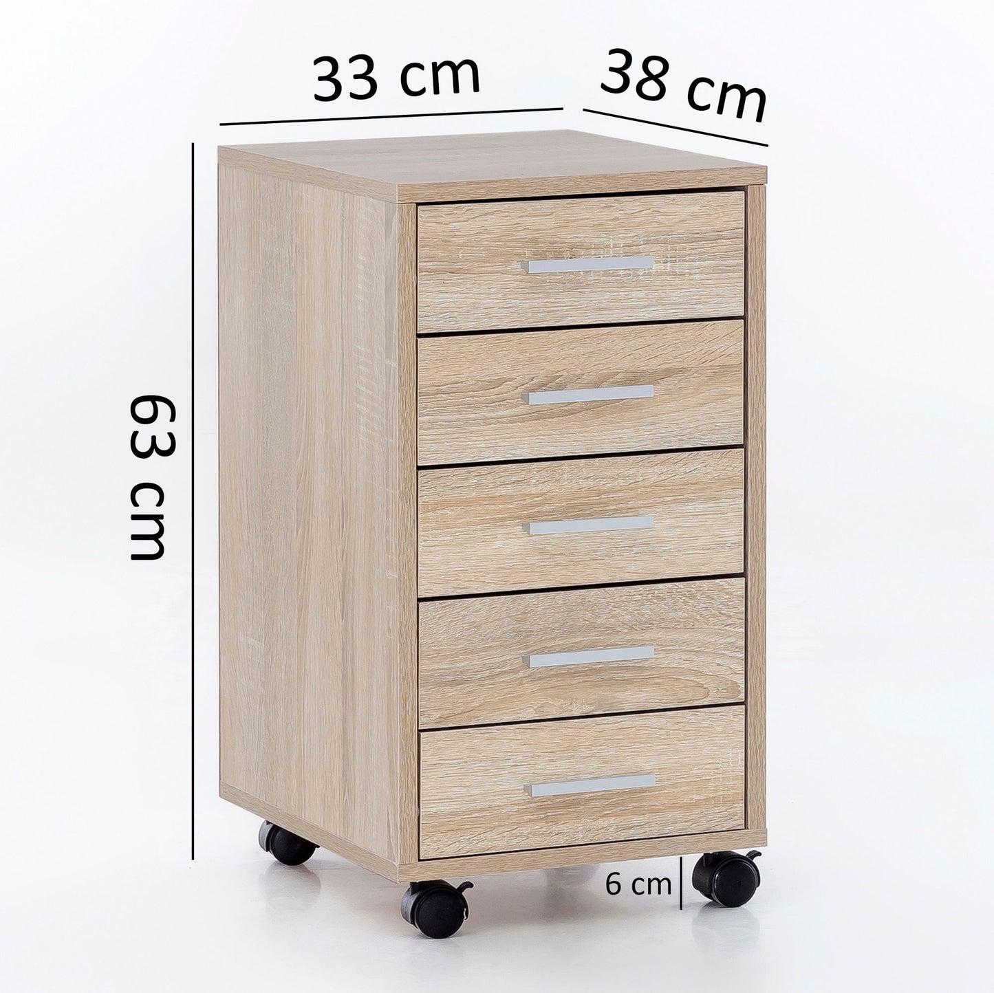 Rollcontainer Sonoma 33 mal 63 mal 38 cm Holz Schubladenschrank Schreibtisch Buero Schrank mit 5 Schubladen Container Rollschrank klein Standcontainer schmal Schreibtischcontainer mit Rollen
