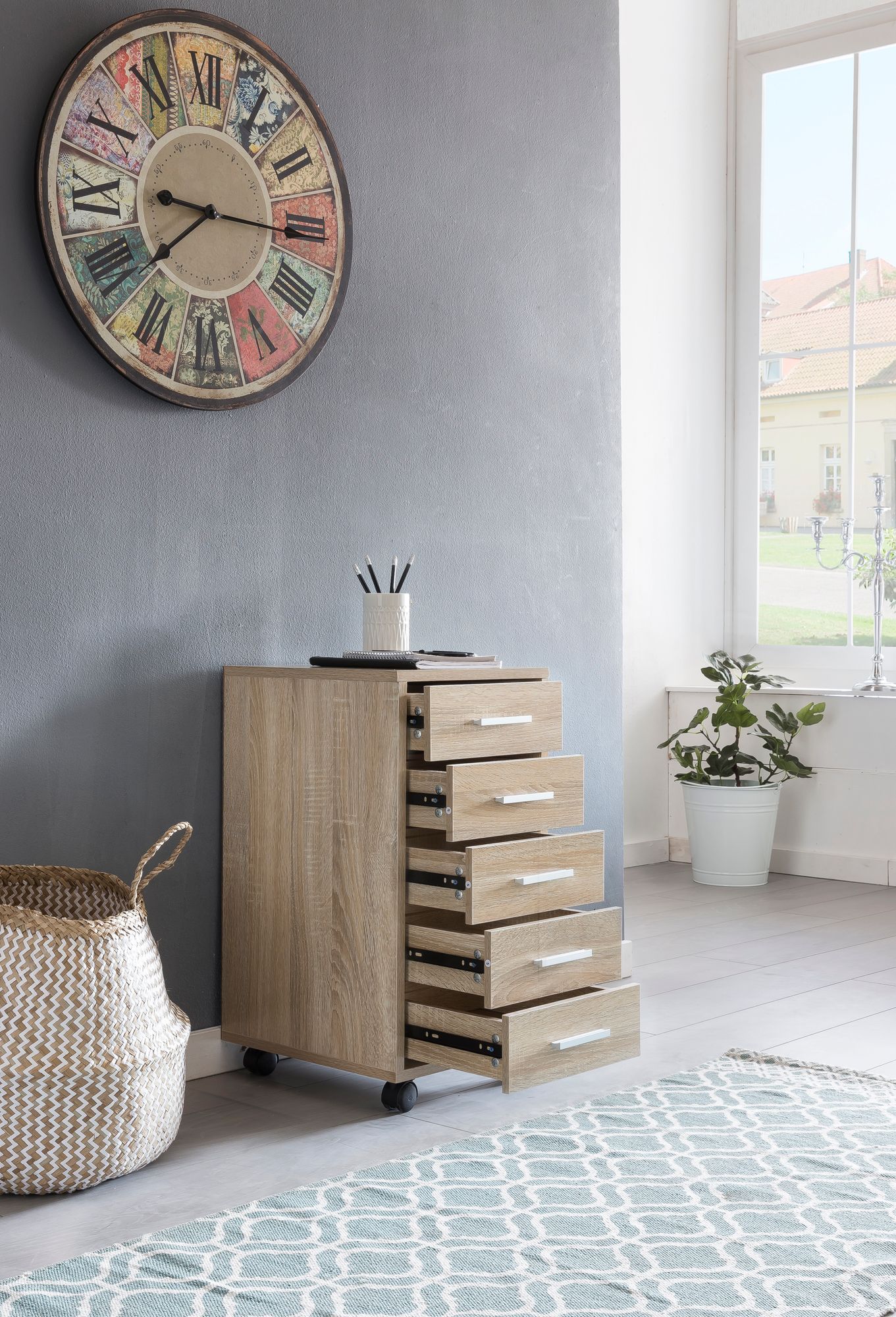 Rollcontainer Sonoma 33 mal 63 mal 38 cm Holz Schubladenschrank Schreibtisch Buero Schrank mit 5 Schubladen Container Rollschrank klein Standcontainer schmal Schreibtischcontainer mit Rollen