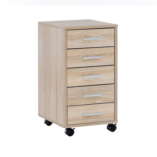Rollcontainer Sonoma 33 mal 63 mal 38 cm Holz Schubladenschrank Schreibtisch Buero Schrank mit 5 Schubladen Container Rollschrank klein Standcontainer schmal Schreibtischcontainer mit Rollen