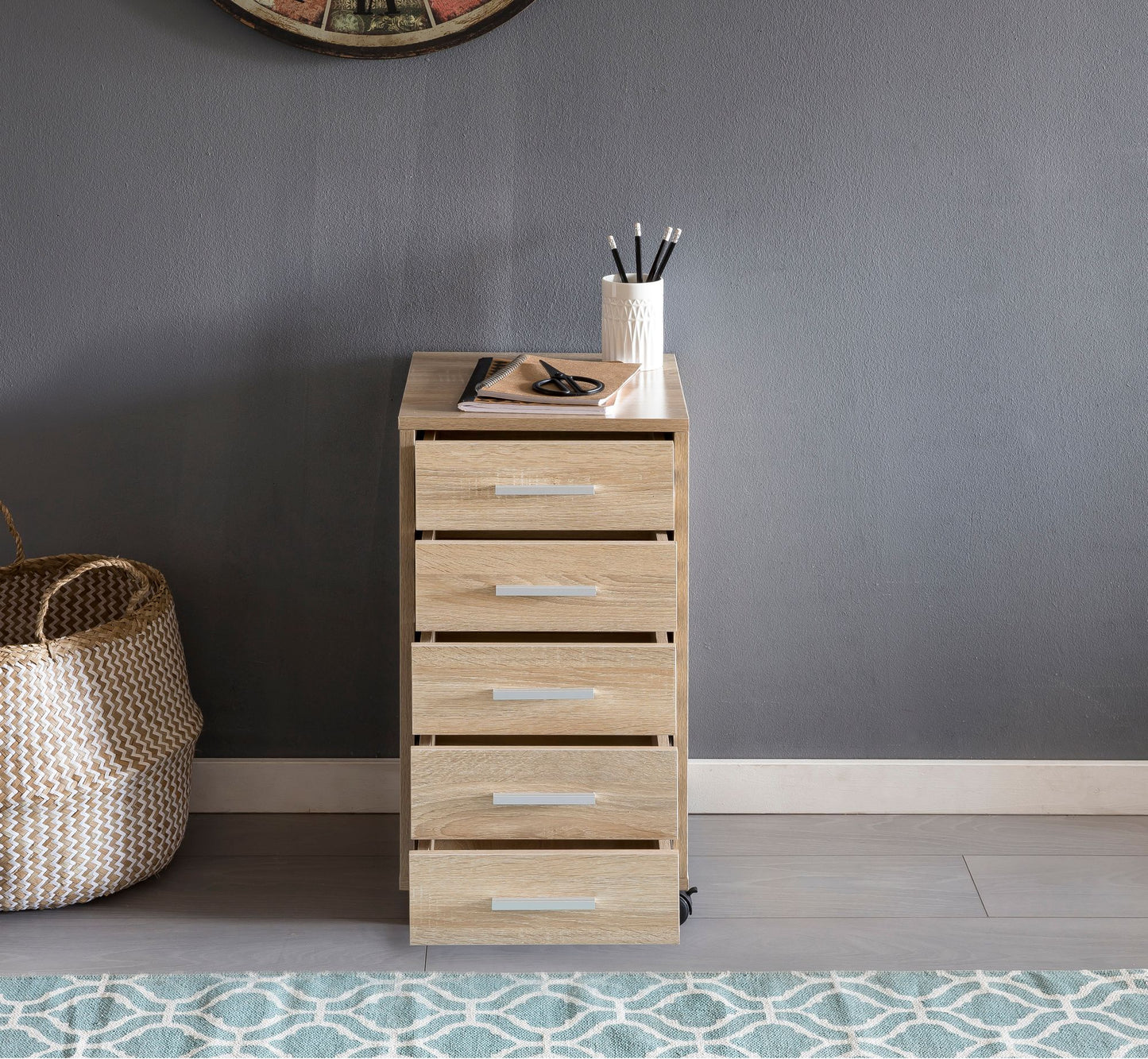 Rollcontainer Sonoma 33 mal 63 mal 38 cm Holz Schubladenschrank Schreibtisch Buero Schrank mit 5 Schubladen Container Rollschrank klein Standcontainer schmal Schreibtischcontainer mit Rollen