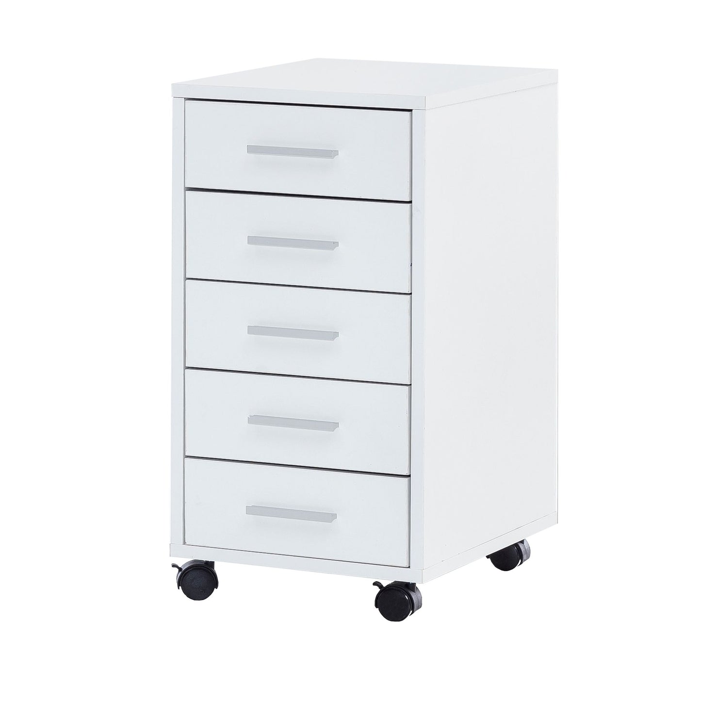 Rollcontainer Weiss 33 mal 63 mal 38 cm Holz Schubladenschrank Schreibtisch Buero Schrank mit 5 Schubladen Container Rollschrank klein Standcontainer schmal Schreibtischcontainer mit Rollen
