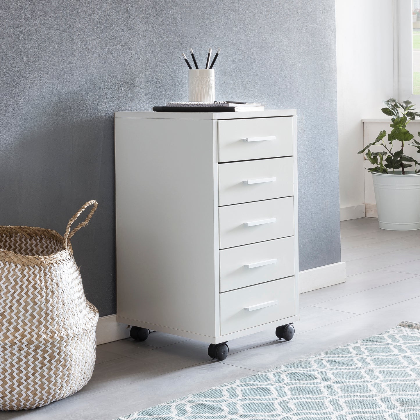 Rollcontainer Weiss 33 mal 63 mal 38 cm Holz Schubladenschrank Schreibtisch Buero Schrank mit 5 Schubladen Container Rollschrank klein Standcontainer schmal Schreibtischcontainer mit Rollen