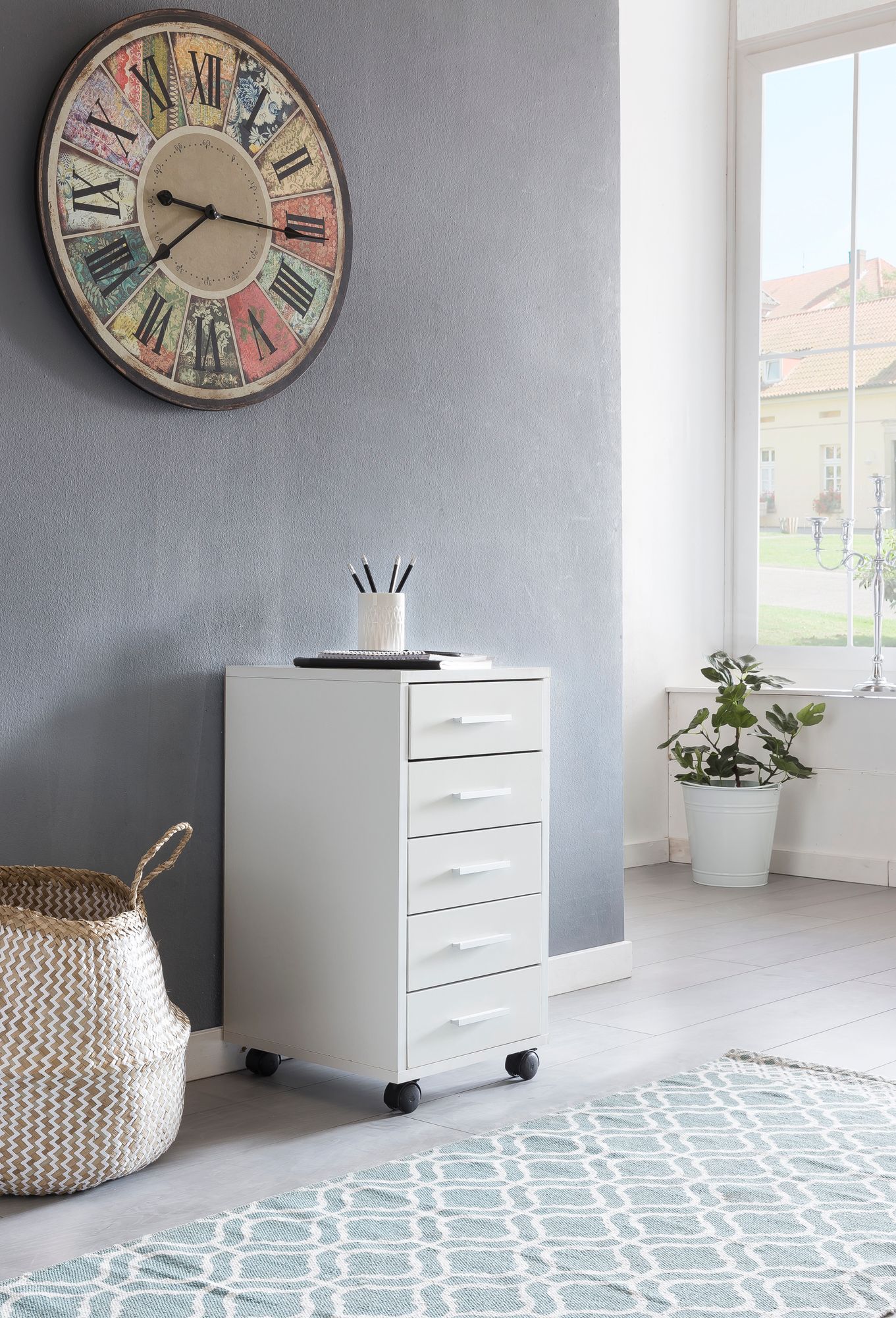 Rollcontainer Weiss 33 mal 63 mal 38 cm Holz Schubladenschrank Schreibtisch Buero Schrank mit 5 Schubladen Container Rollschrank klein Standcontainer schmal Schreibtischcontainer mit Rollen