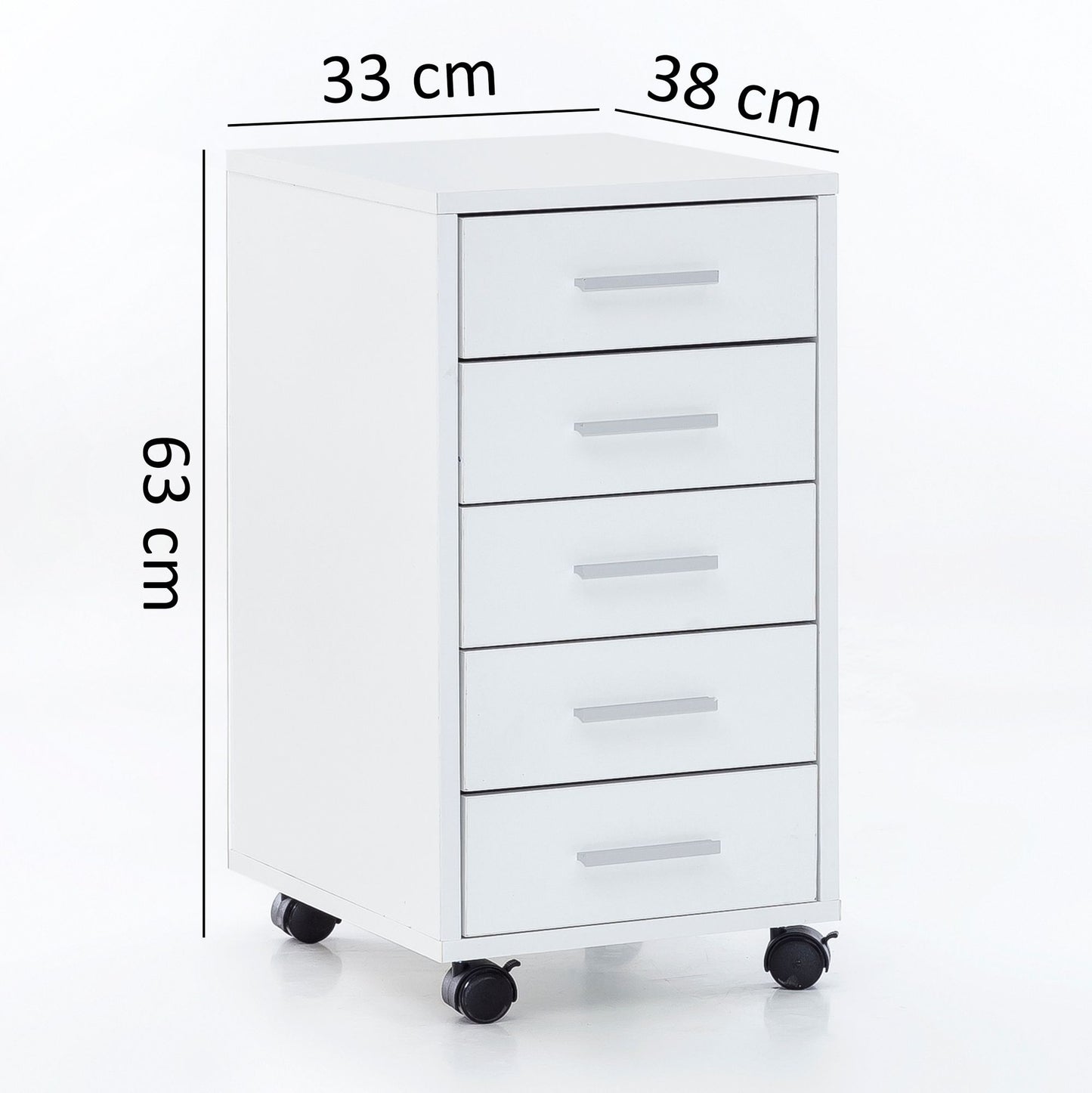 Rollcontainer Weiss 33 mal 63 mal 38 cm Holz Schubladenschrank Schreibtisch Buero Schrank mit 5 Schubladen Container Rollschrank klein Standcontainer schmal Schreibtischcontainer mit Rollen