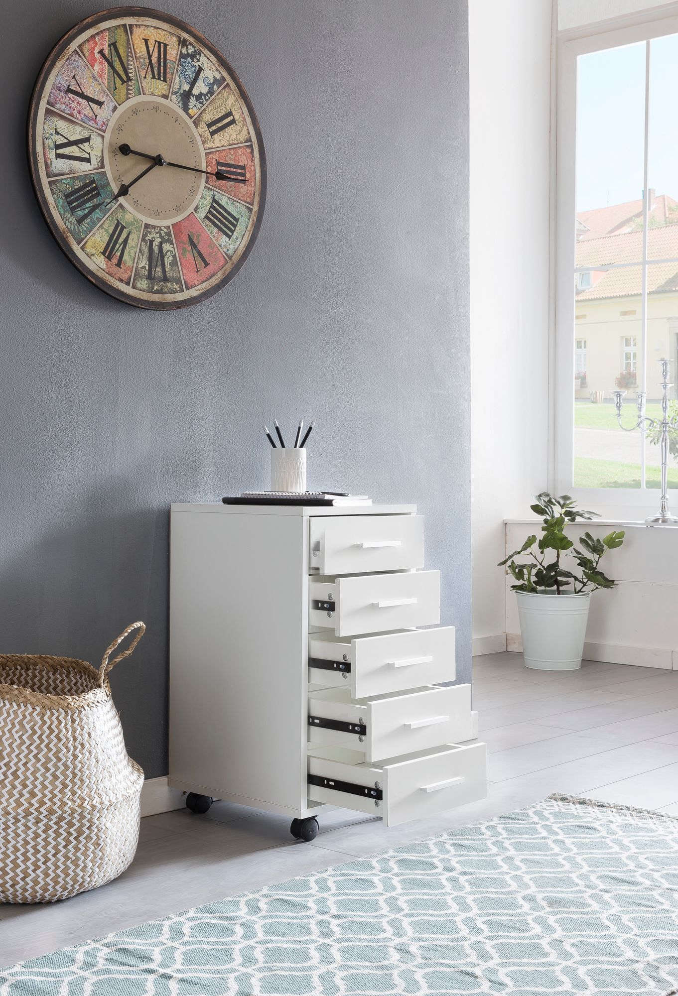 Rollcontainer Weiss 33 mal 63 mal 38 cm Holz Schubladenschrank Schreibtisch Buero Schrank mit 5 Schubladen Container Rollschrank klein Standcontainer schmal Schreibtischcontainer mit Rollen