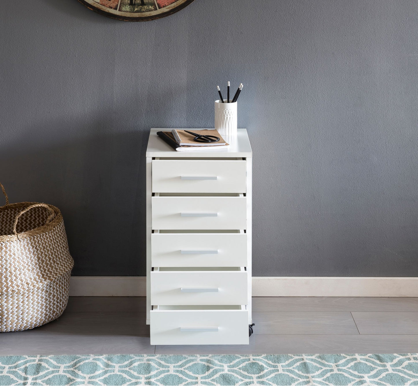 Rollcontainer Weiss 33 mal 63 mal 38 cm Holz Schubladenschrank Schreibtisch Buero Schrank mit 5 Schubladen Container Rollschrank klein Standcontainer schmal Schreibtischcontainer mit Rollen