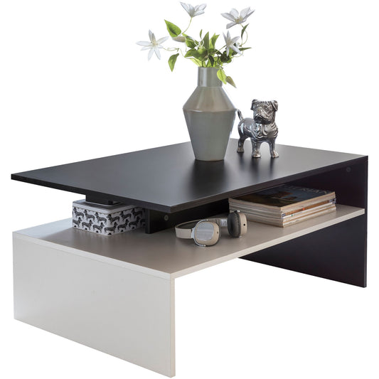 Wohnzimmertisch 90 mal 43 mal 60 cm mit Ablage Holz Schwarz Weiss Design Wohnzimmer Couchtisch zweiteilig mit Stauraum Sofatisch eckig Kaffeetisch modern Loungetisch gross und hoch