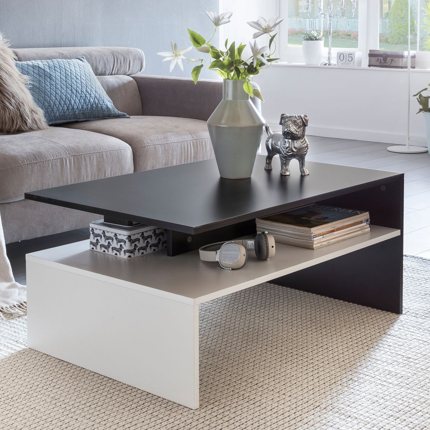 Wohnzimmertisch 90 mal 43 mal 60 cm mit Ablage Holz Schwarz Weiss Design Wohnzimmer Couchtisch zweiteilig mit Stauraum Sofatisch eckig Kaffeetisch modern Loungetisch gross und hoch