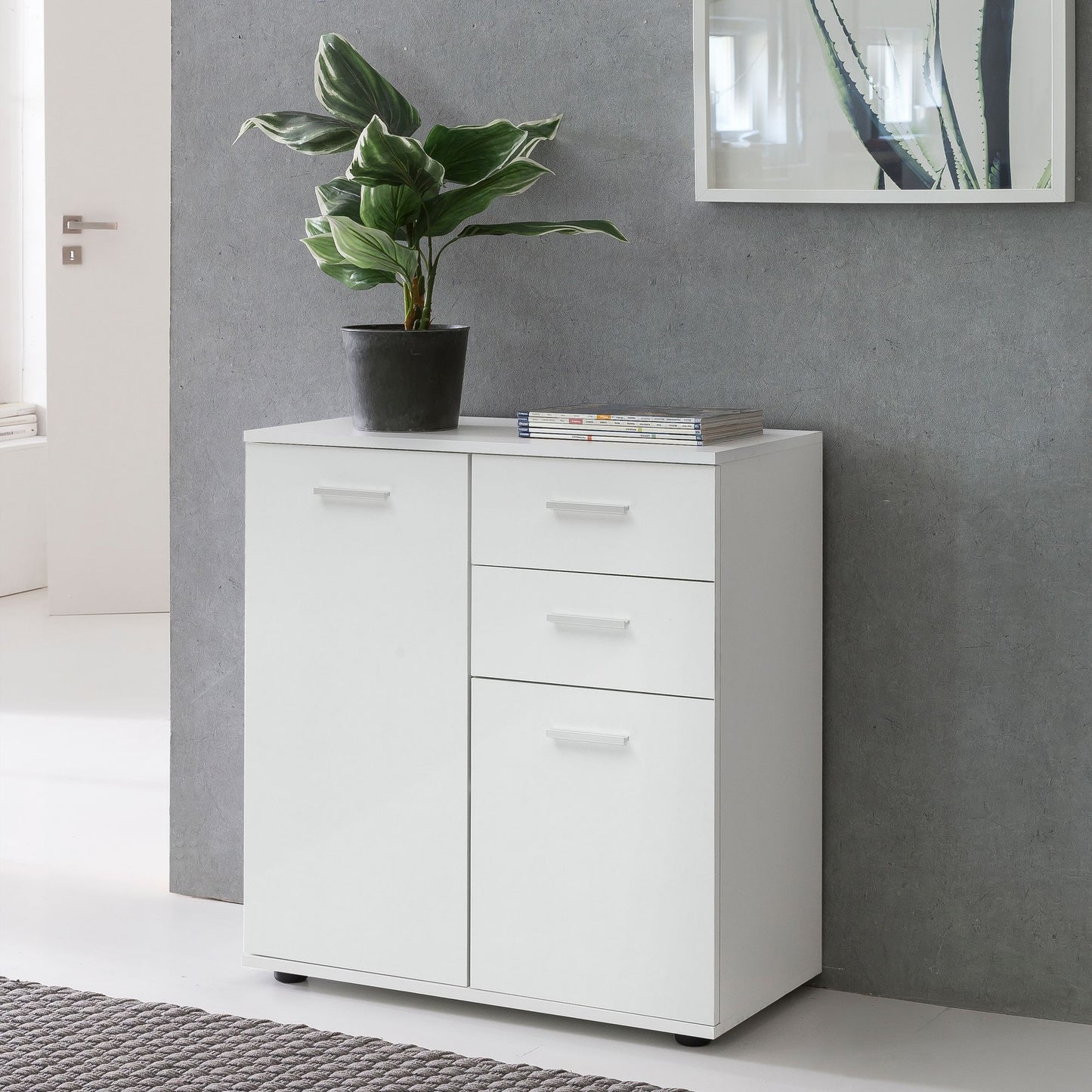 Kommode mit Tueren und Schubladen 71 mal 78 mal 35 5cm Schrank Holz Weiss Flurschrank hell modern Mehrzweckschrank klein Anrichte Sideboard matt Kommodenschrank Flurmoebel