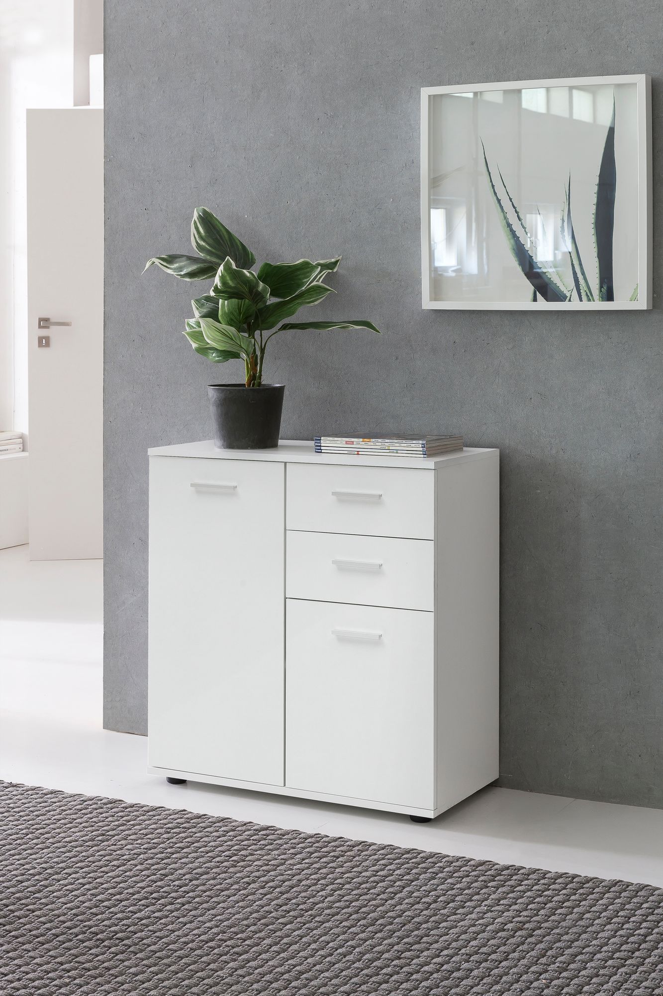 Kommode mit Tueren und Schubladen 71 mal 78 mal 35 5cm Schrank Holz Weiss Flurschrank hell modern Mehrzweckschrank klein Anrichte Sideboard matt Kommodenschrank Flurmoebel