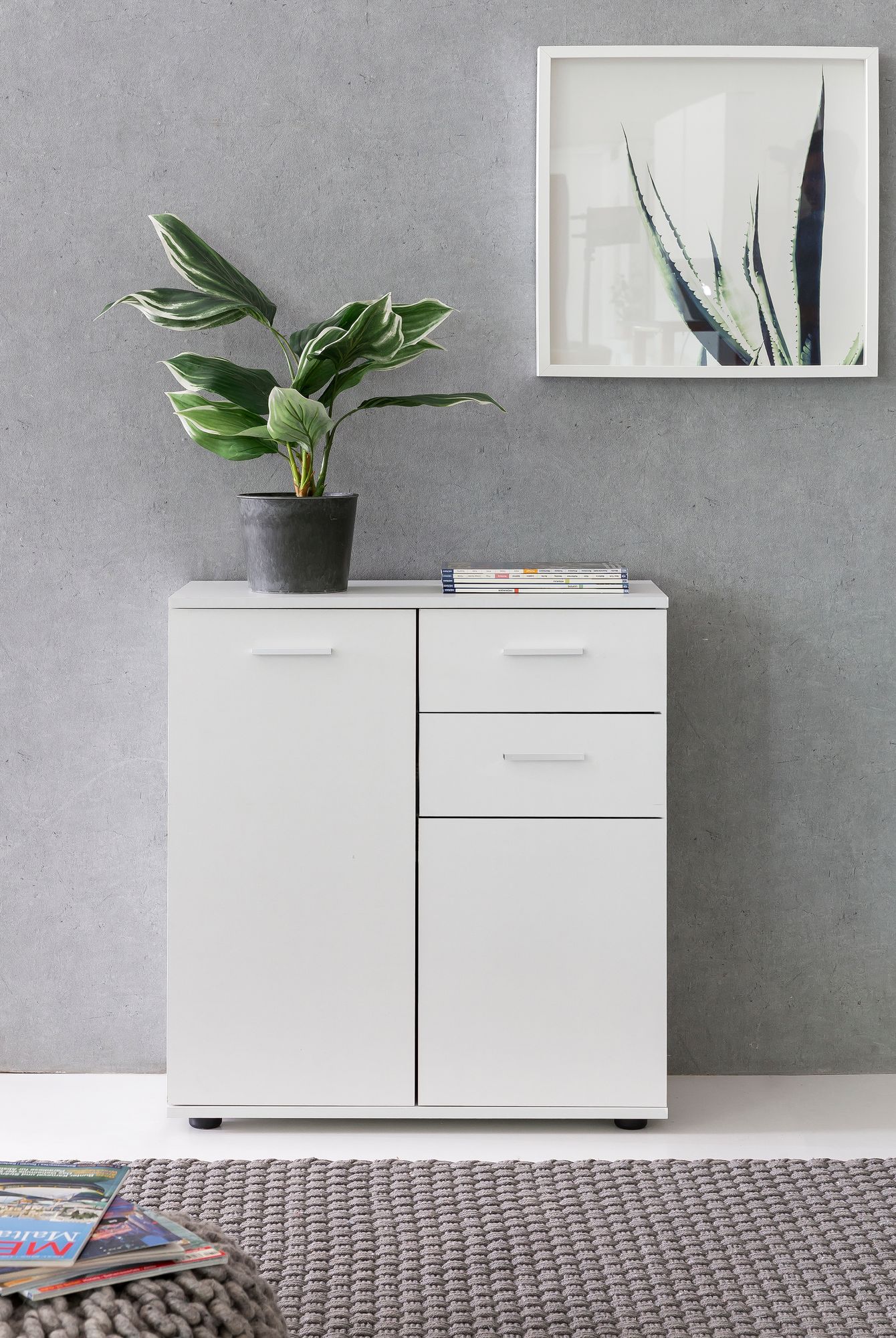 Kommode mit Tueren und Schubladen 71 mal 78 mal 35 5cm Schrank Holz Weiss Flurschrank hell modern Mehrzweckschrank klein Anrichte Sideboard matt Kommodenschrank Flurmoebel