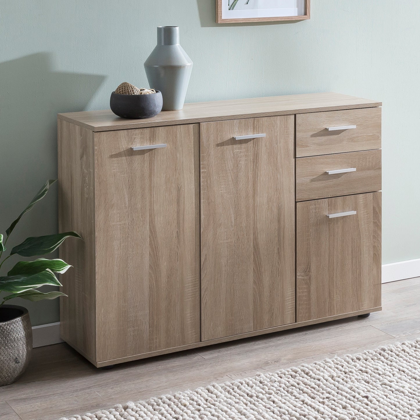 Kommode WL5.288 mit Tueren und Schubladen 107 mal 79 mal 35 cm Schrank Holz Sonoma Flurschrank modern Mehrzweckschrank klein Anrichte Sideboard matt Kommodenschrank Flurmoebel