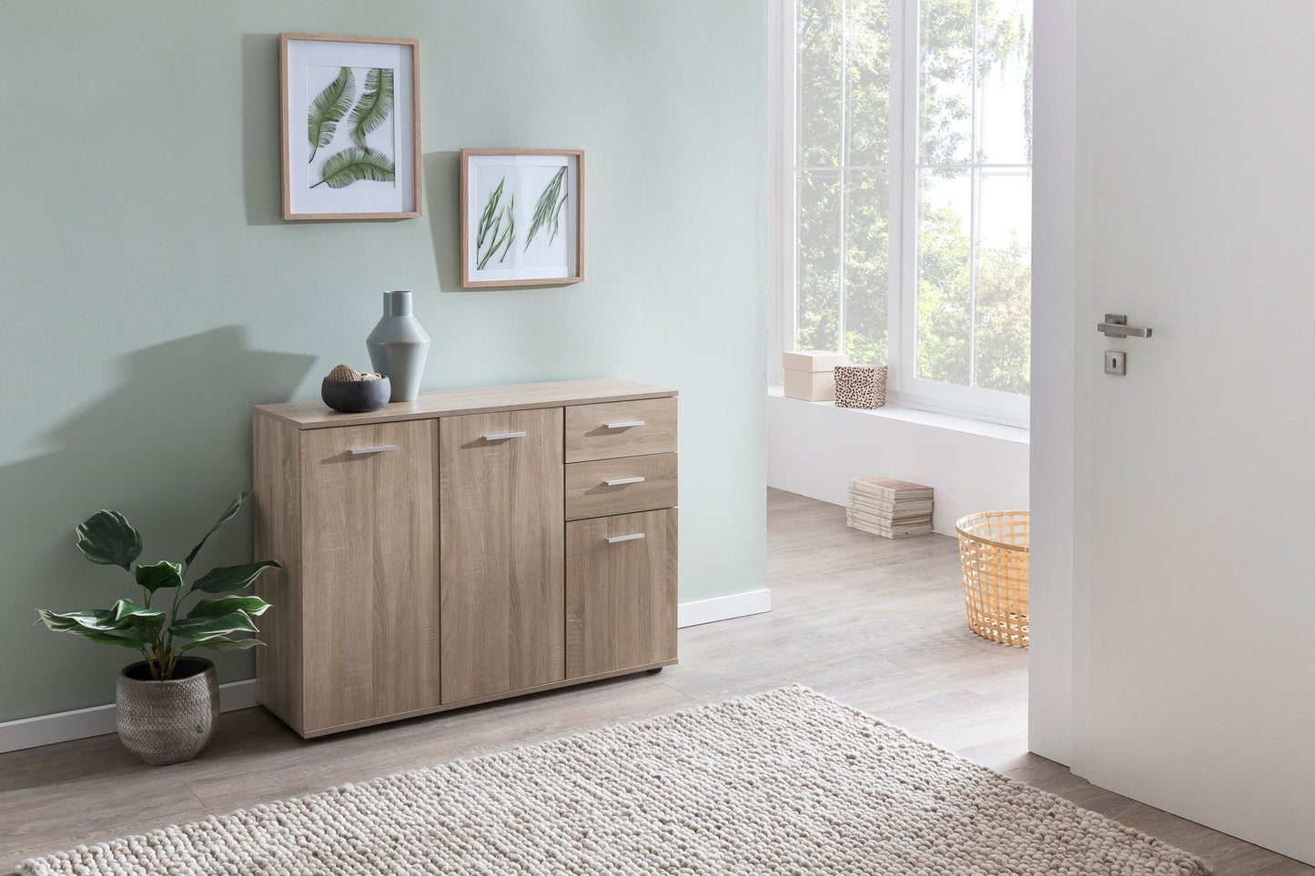 Kommode WL5.288 mit Tueren und Schubladen 107 mal 79 mal 35 cm Schrank Holz Sonoma Flurschrank modern Mehrzweckschrank klein Anrichte Sideboard matt Kommodenschrank Flurmoebel