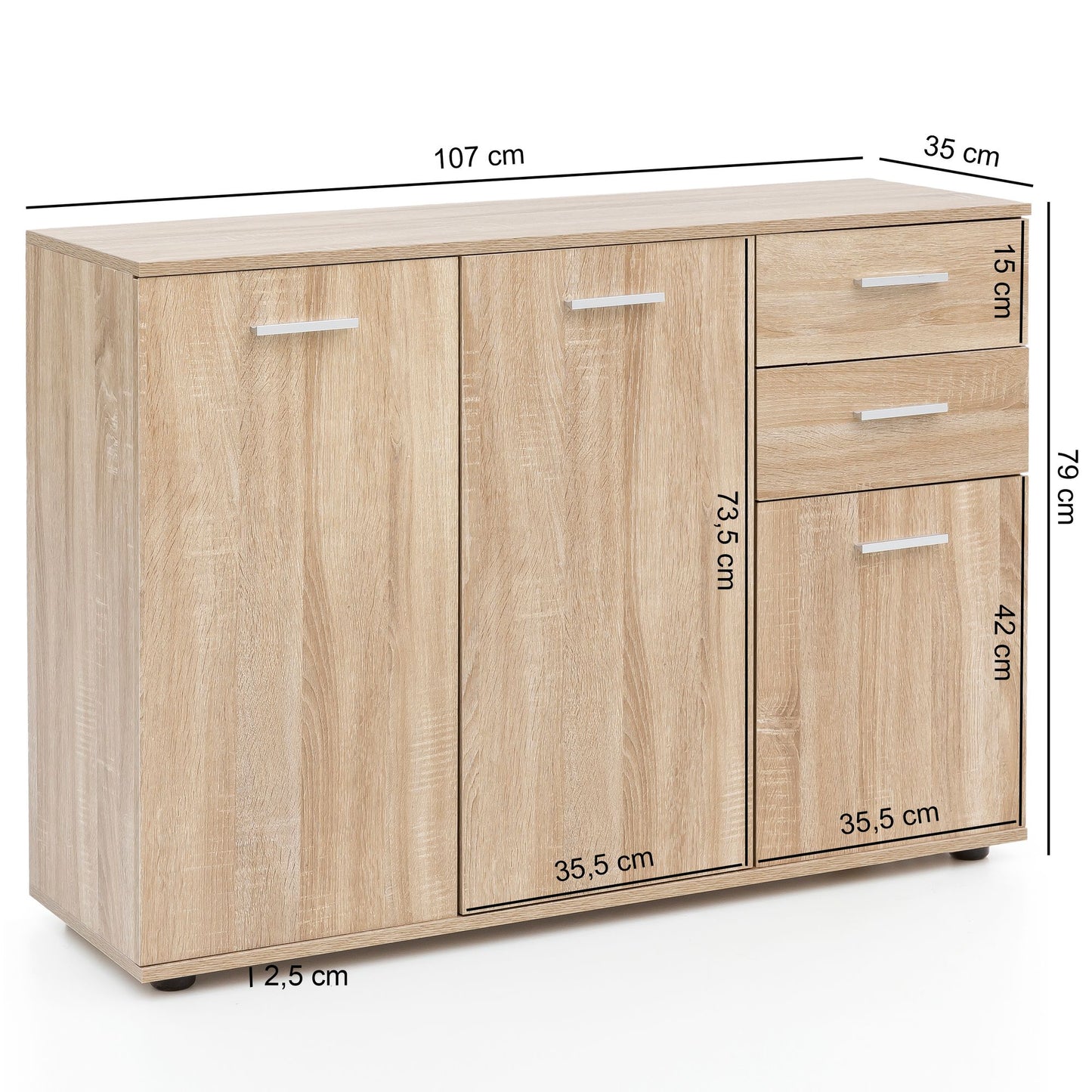 Kommode WL5.288 mit Tueren und Schubladen 107 mal 79 mal 35 cm Schrank Holz Sonoma Flurschrank modern Mehrzweckschrank klein Anrichte Sideboard matt Kommodenschrank Flurmoebel