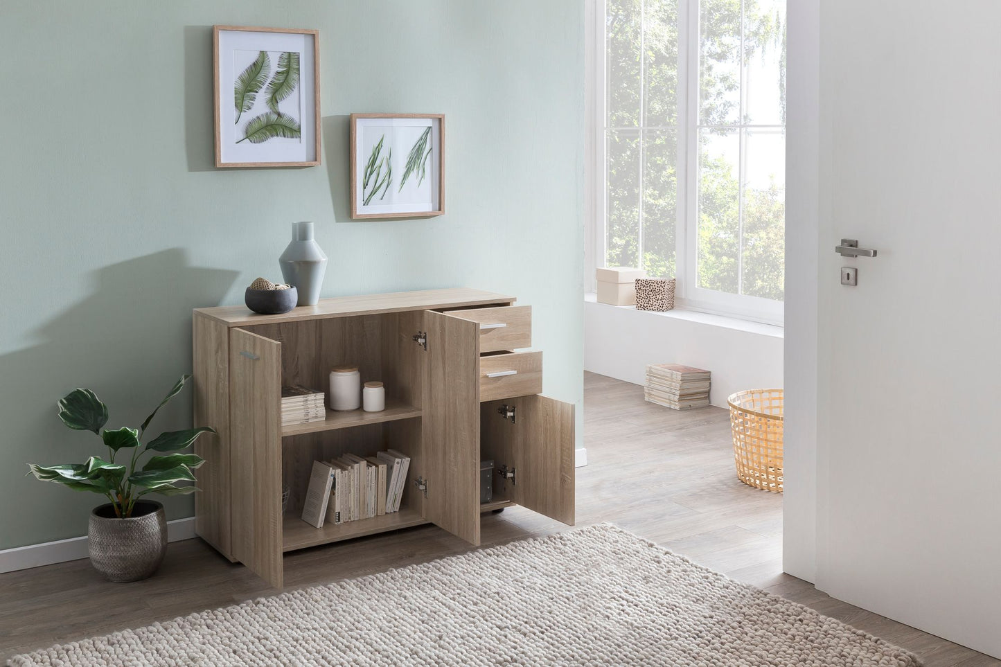 Kommode WL5.288 mit Tueren und Schubladen 107 mal 79 mal 35 cm Schrank Holz Sonoma Flurschrank modern Mehrzweckschrank klein Anrichte Sideboard matt Kommodenschrank Flurmoebel