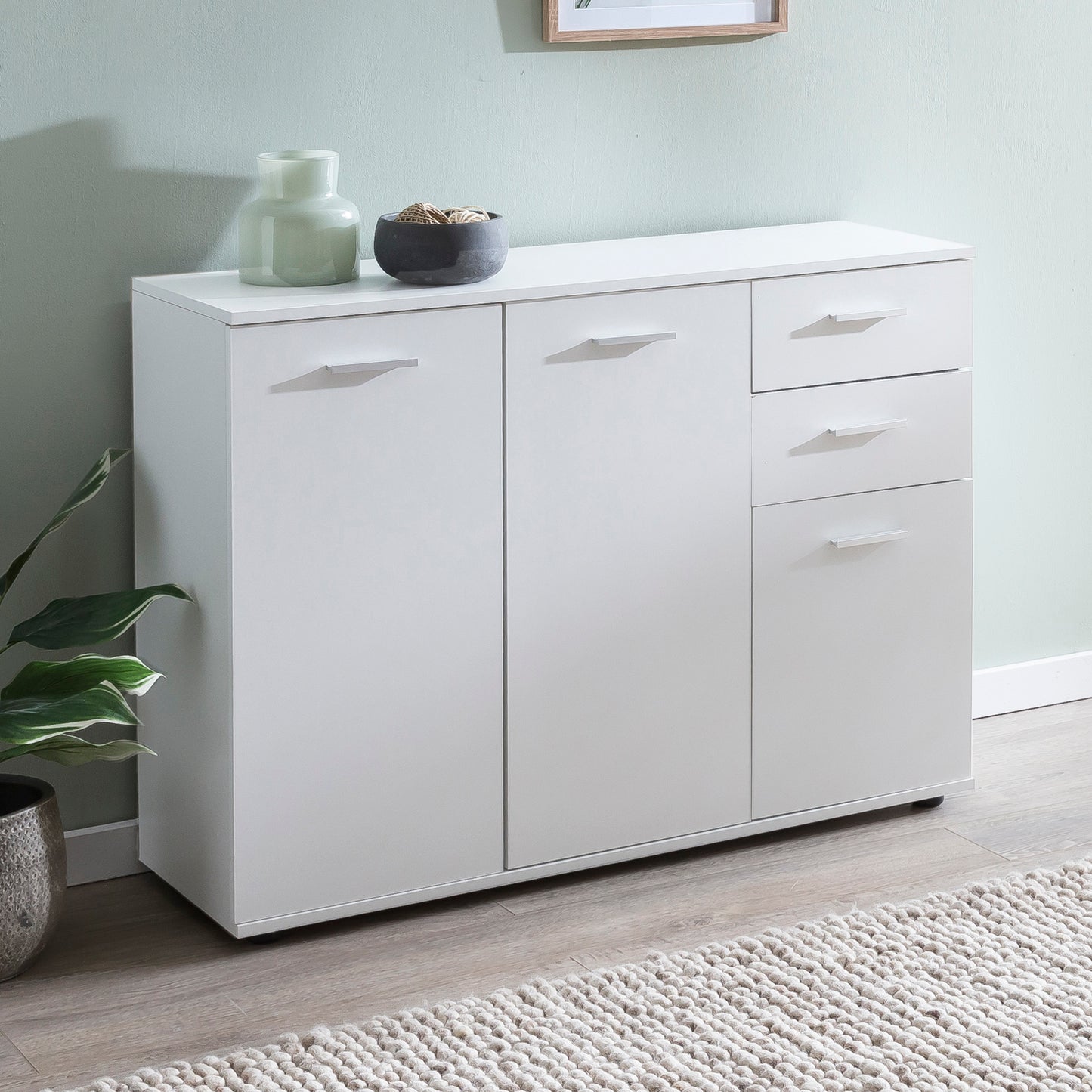 Kommode WL5.289 mit Tueren und Schubladen 107 mal 79 mal 35 cm Schrank Holz Weiss Flurschrank modern Mehrzweckschrank klein Anrichte Sideboard matt Kommodenschrank Flurmoebel