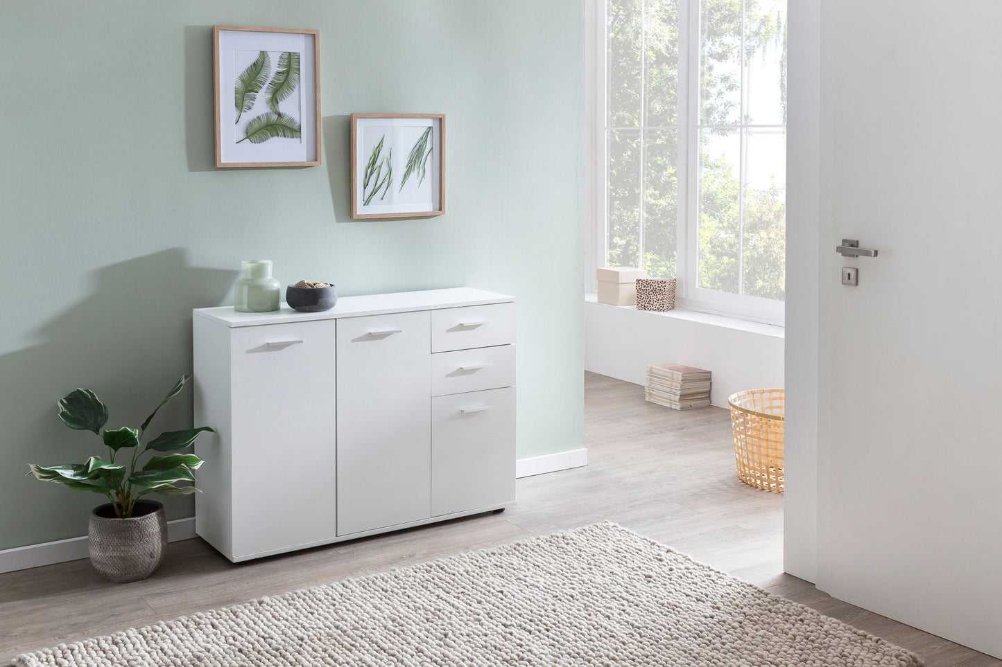 Kommode WL5.289 mit Tueren und Schubladen 107 mal 79 mal 35 cm Schrank Holz Weiss Flurschrank modern Mehrzweckschrank klein Anrichte Sideboard matt Kommodenschrank Flurmoebel