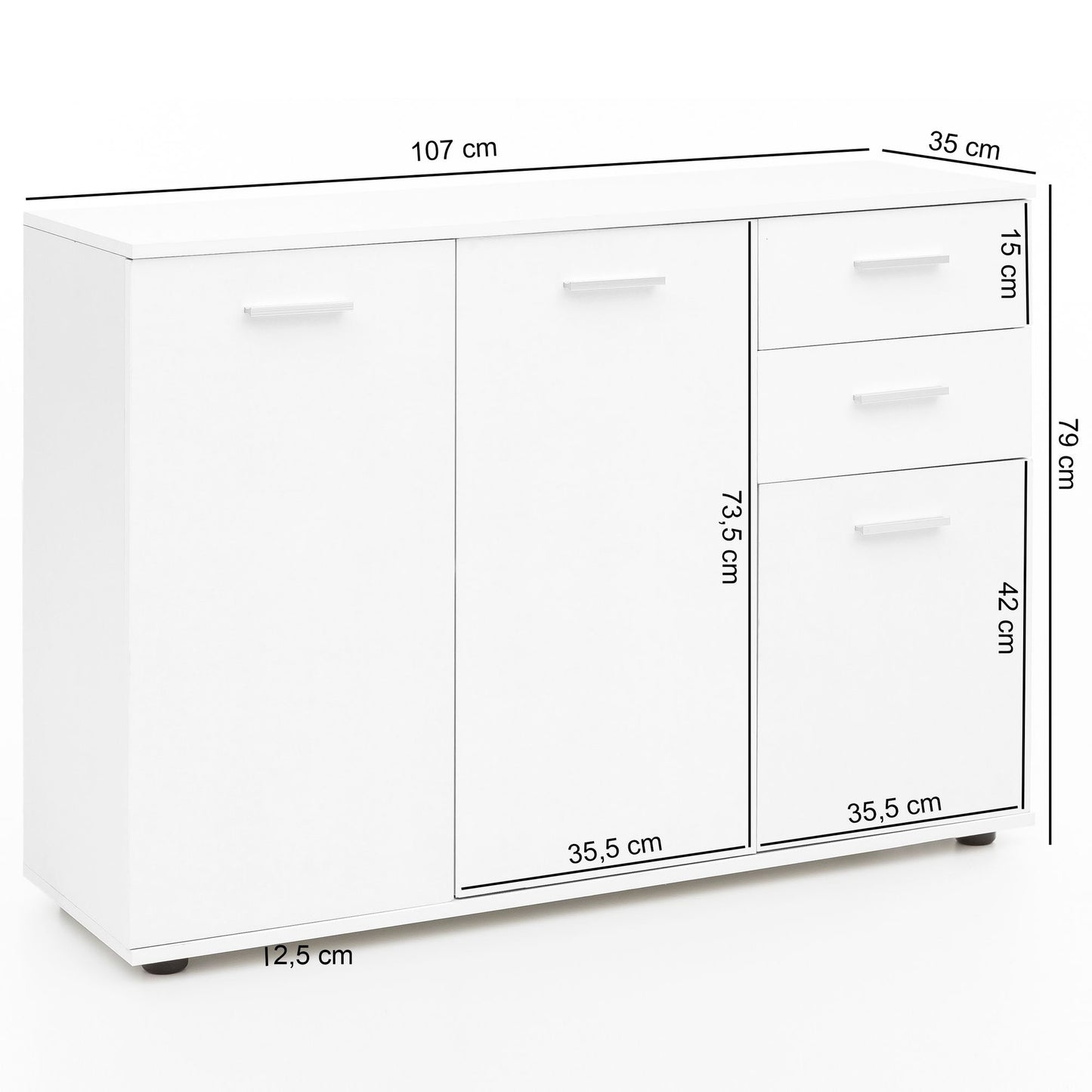 Kommode WL5.289 mit Tueren und Schubladen 107 mal 79 mal 35 cm Schrank Holz Weiss Flurschrank modern Mehrzweckschrank klein Anrichte Sideboard matt Kommodenschrank Flurmoebel