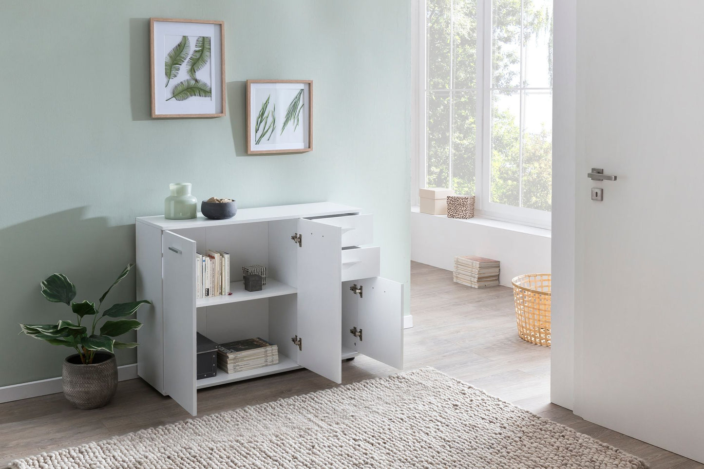 Kommode WL5.289 mit Tueren und Schubladen 107 mal 79 mal 35 cm Schrank Holz Weiss Flurschrank modern Mehrzweckschrank klein Anrichte Sideboard matt Kommodenschrank Flurmoebel