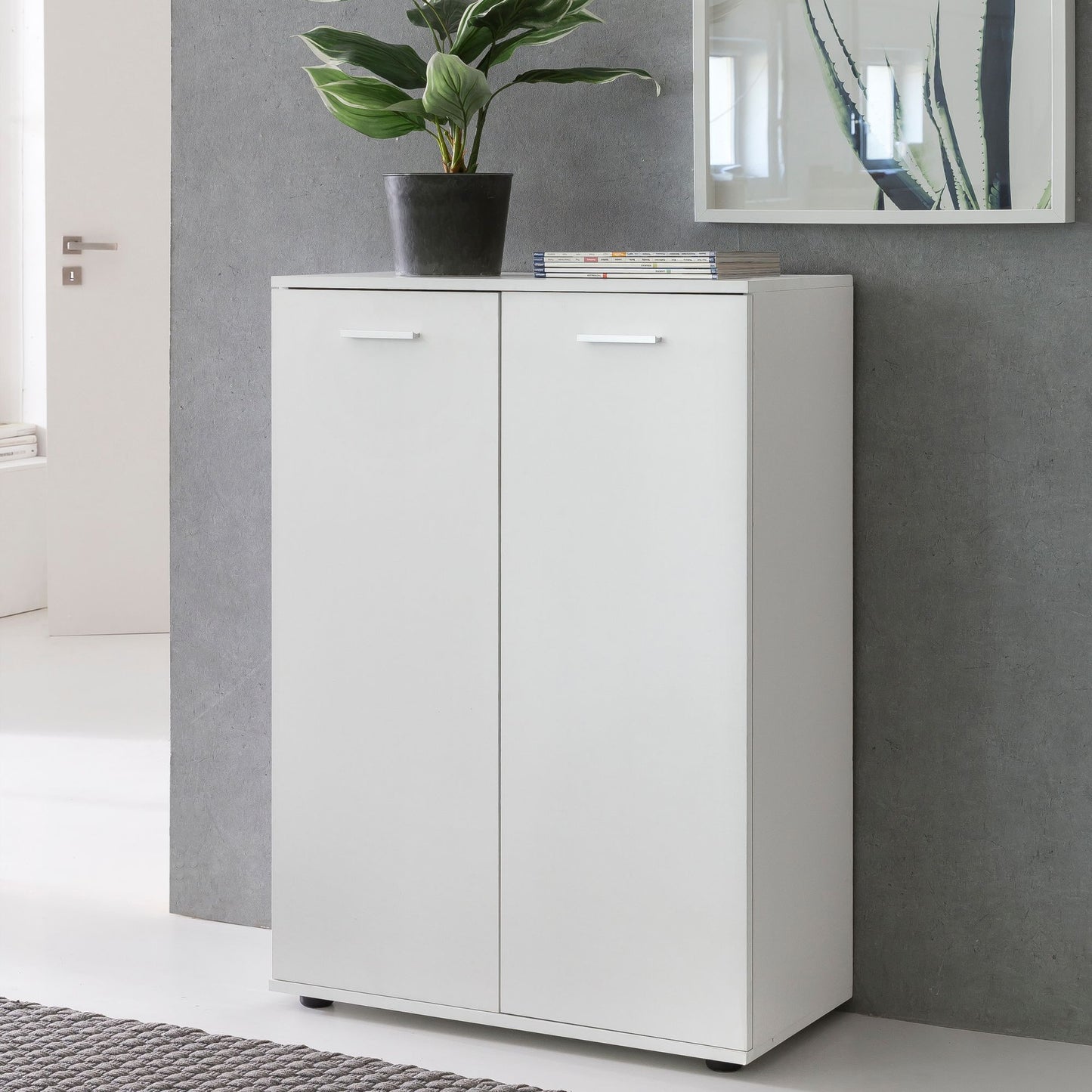 Kommode mit 2 Tueren 71 mal 104 mal 35cm Mehrzweckschrank Holz Weiss Flurschrank hell modern Schrank klein Anrichte Sideboard matt Kommodenschrank Flurmoebel