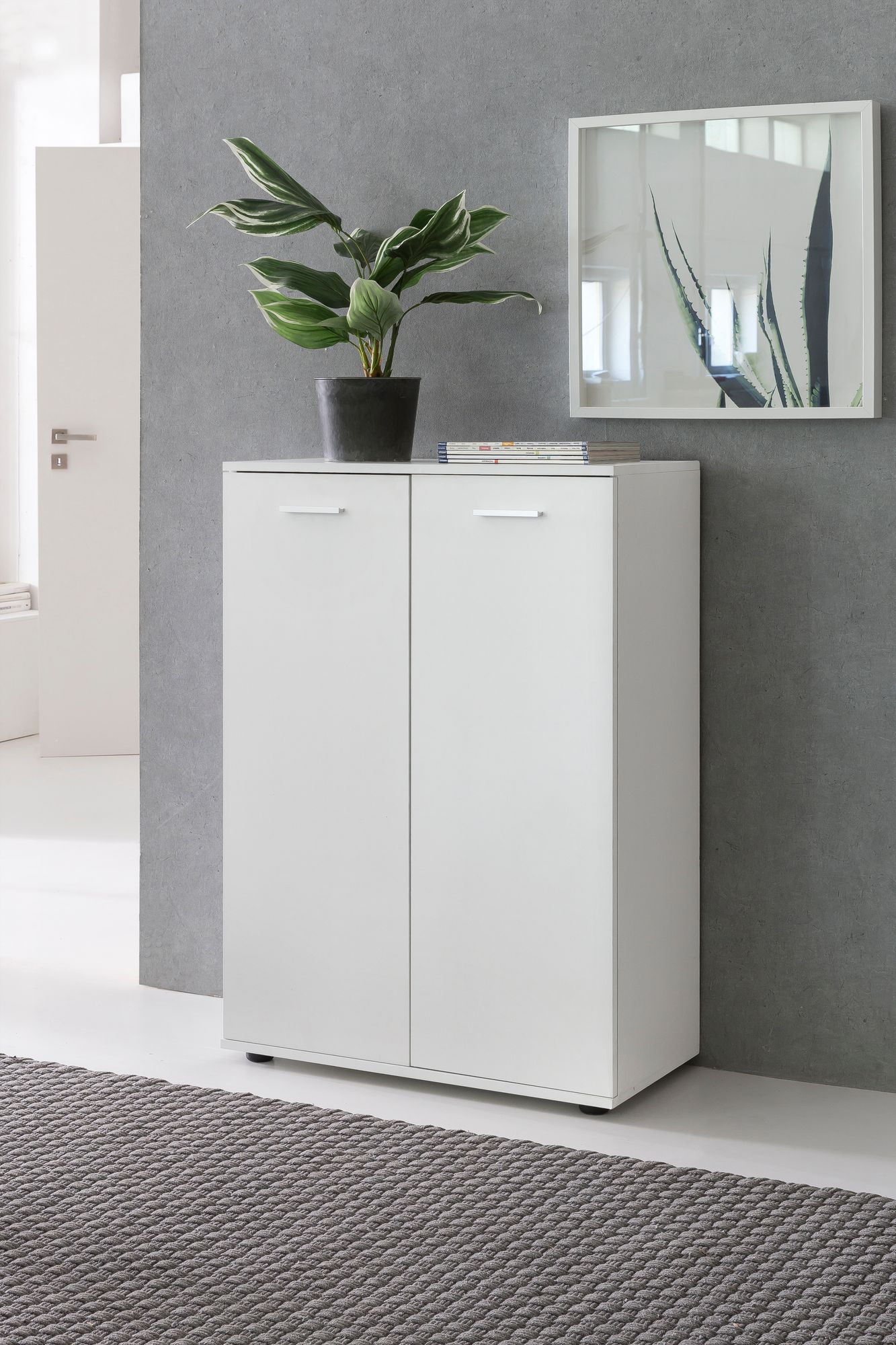 Kommode mit 2 Tueren 71 mal 104 mal 35cm Mehrzweckschrank Holz Weiss Flurschrank hell modern Schrank klein Anrichte Sideboard matt Kommodenschrank Flurmoebel