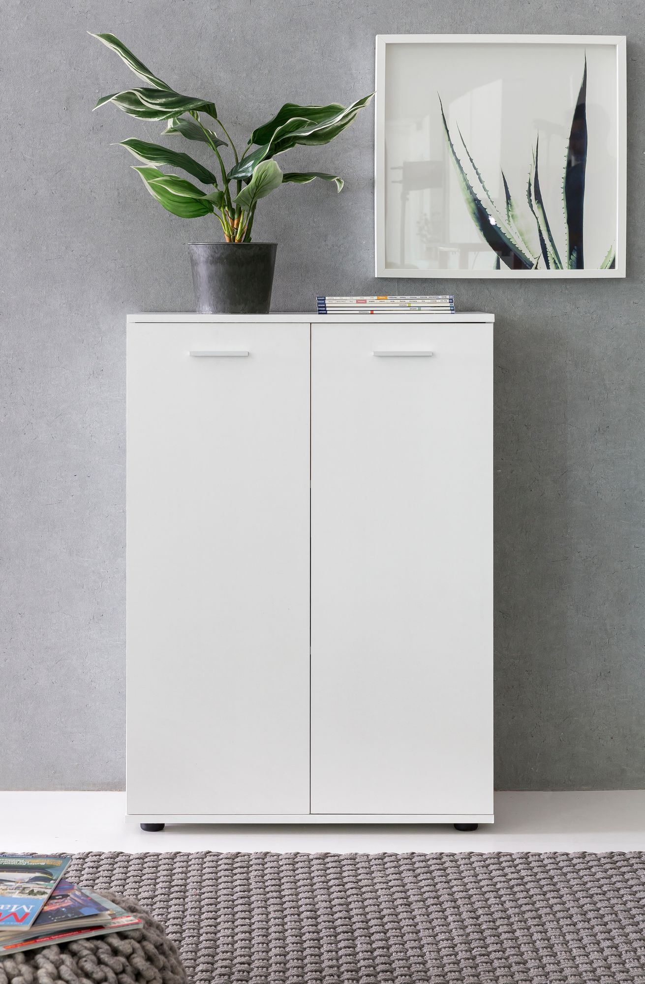 Kommode mit 2 Tueren 71 mal 104 mal 35cm Mehrzweckschrank Holz Weiss Flurschrank hell modern Schrank klein Anrichte Sideboard matt Kommodenschrank Flurmoebel