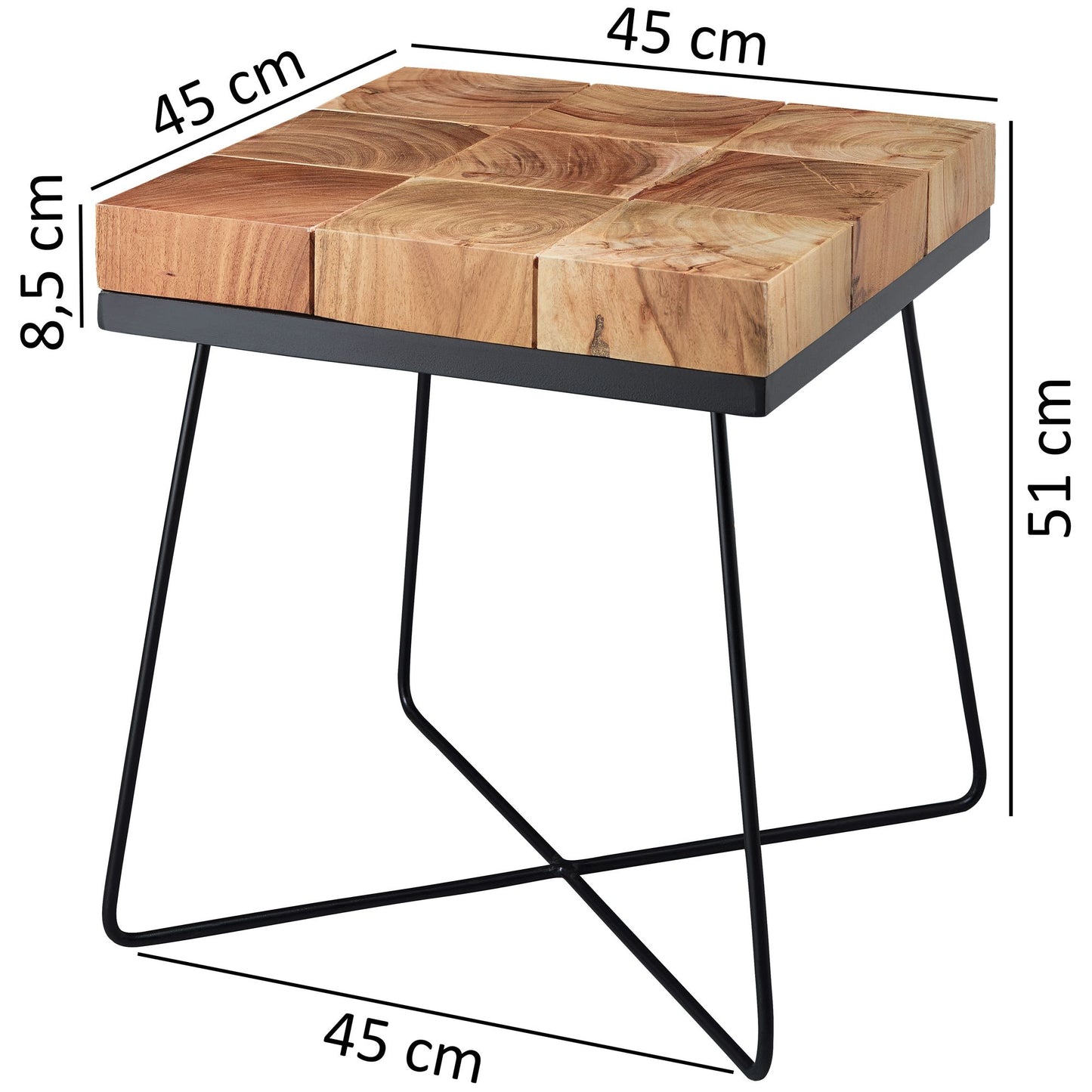 Beistelltisch 45 mal 45 mal 51 cm Akazie Massivholz mit Metallgestell Industrial Anstelltisch Quadratisch Massiv Holz Tisch Braun Wohnzimmertisch Modern Holztisch mit Metallbeinen