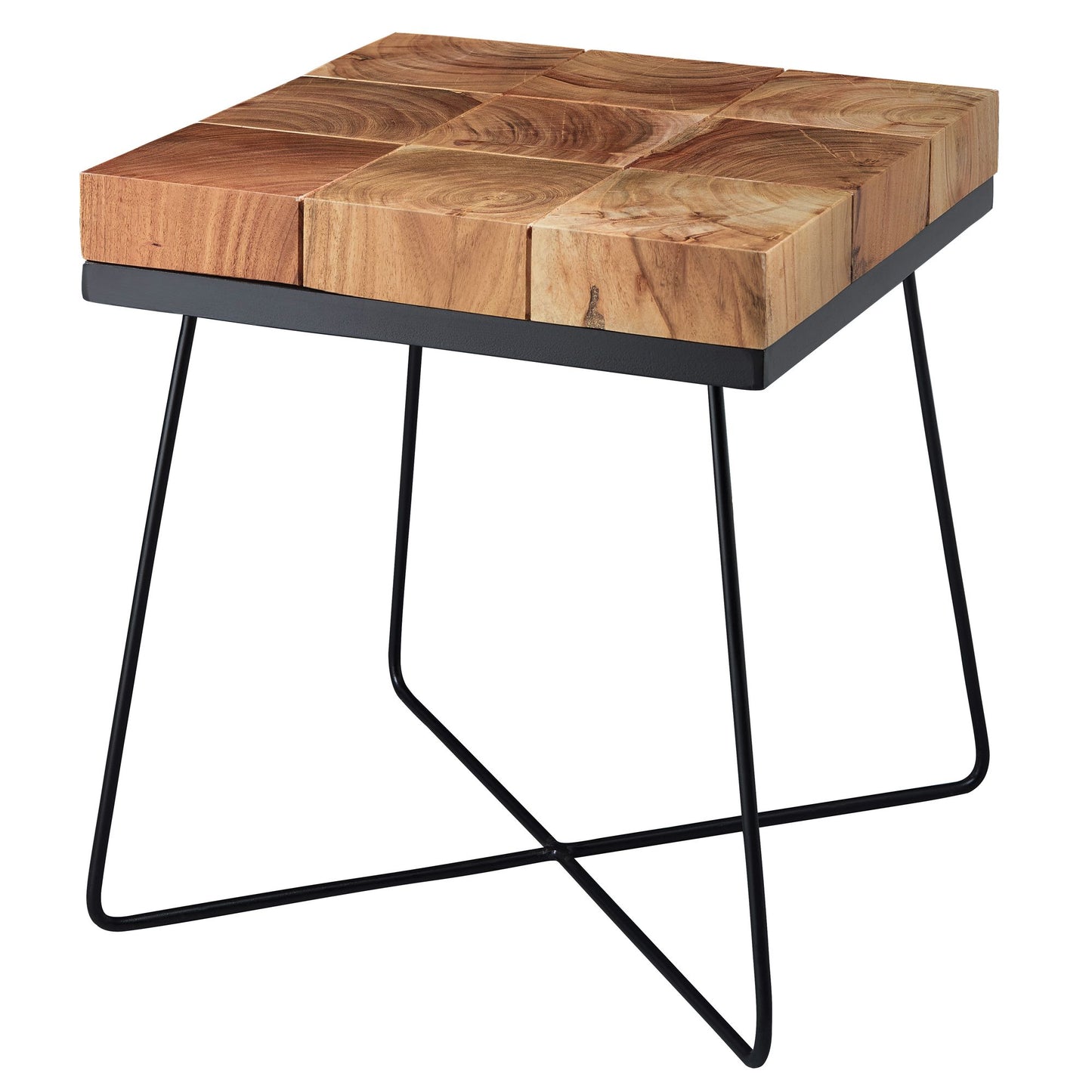 Beistelltisch 45 mal 45 mal 51 cm Akazie Massivholz mit Metallgestell Industrial Anstelltisch Quadratisch Massiv Holz Tisch Braun Wohnzimmertisch Modern Holztisch mit Metallbeinen