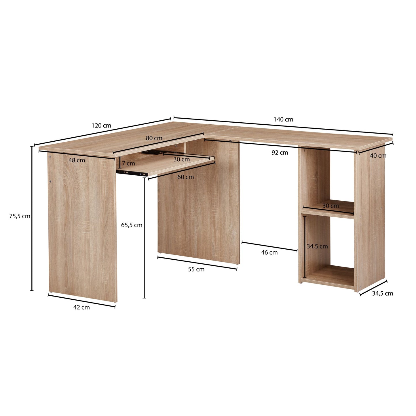 Design Schreibtischkombination 140 mal 75 5 mal 120 cm Sonoma Schreibtisch mit Regal und Tastaturauszug Arbeitszimmer Home Office Tisch Buero Modern