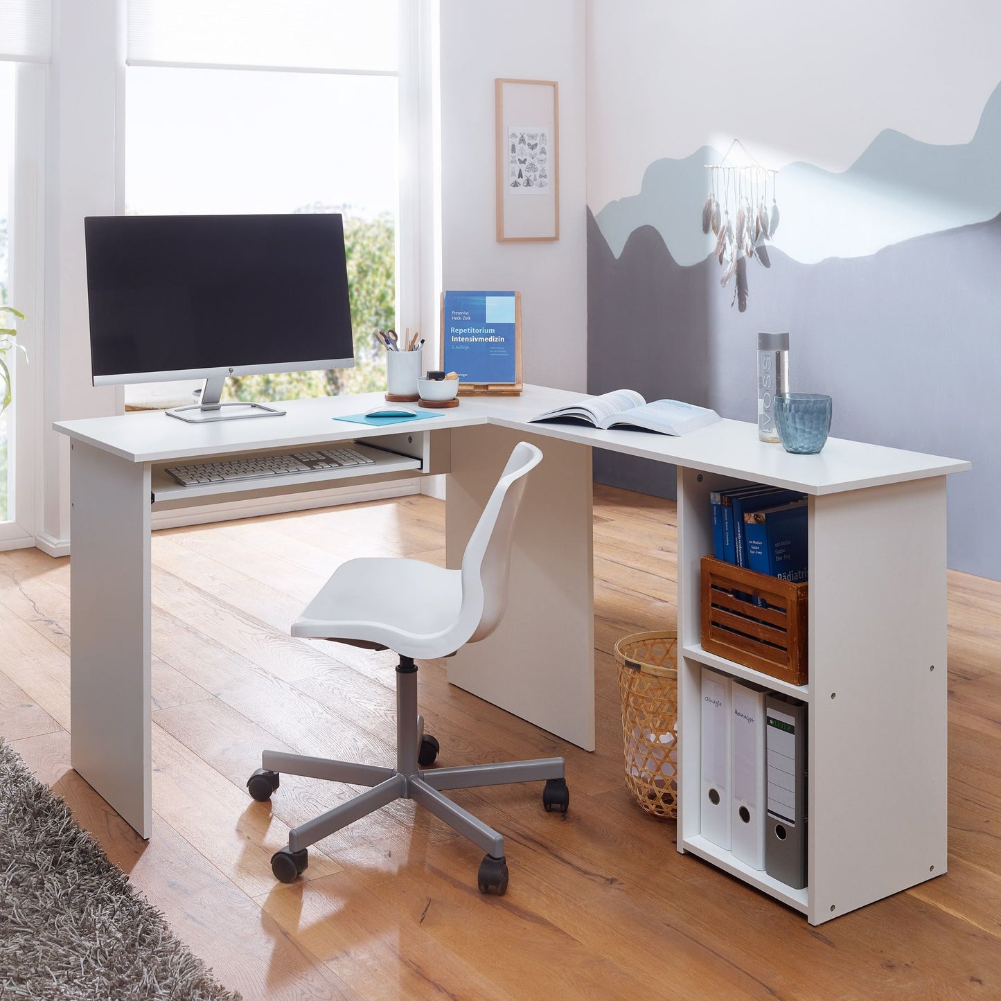 Design Schreibtischkombination 140 mal 75 5 mal 120 cm Weiss Schreibtisch mit Regal und Tastaturauszug Arbeitszimmer Home Office Tisch Buero Modern