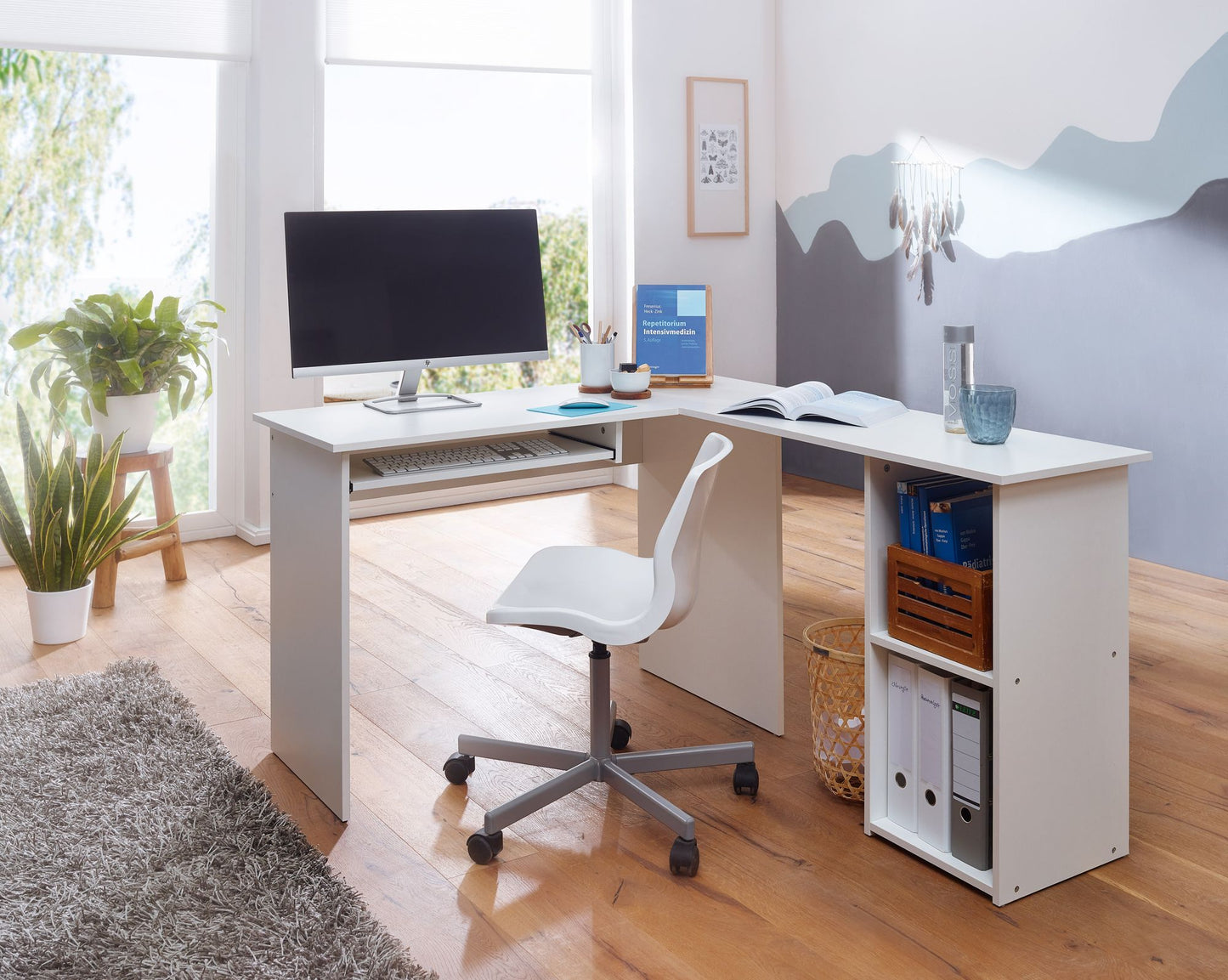 Design Schreibtischkombination 140 mal 75 5 mal 120 cm Weiss Schreibtisch mit Regal und Tastaturauszug Arbeitszimmer Home Office Tisch Buero Modern