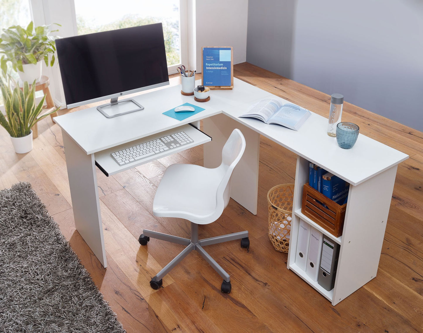 Design Schreibtischkombination 140 mal 75 5 mal 120 cm Weiss Schreibtisch mit Regal und Tastaturauszug Arbeitszimmer Home Office Tisch Buero Modern