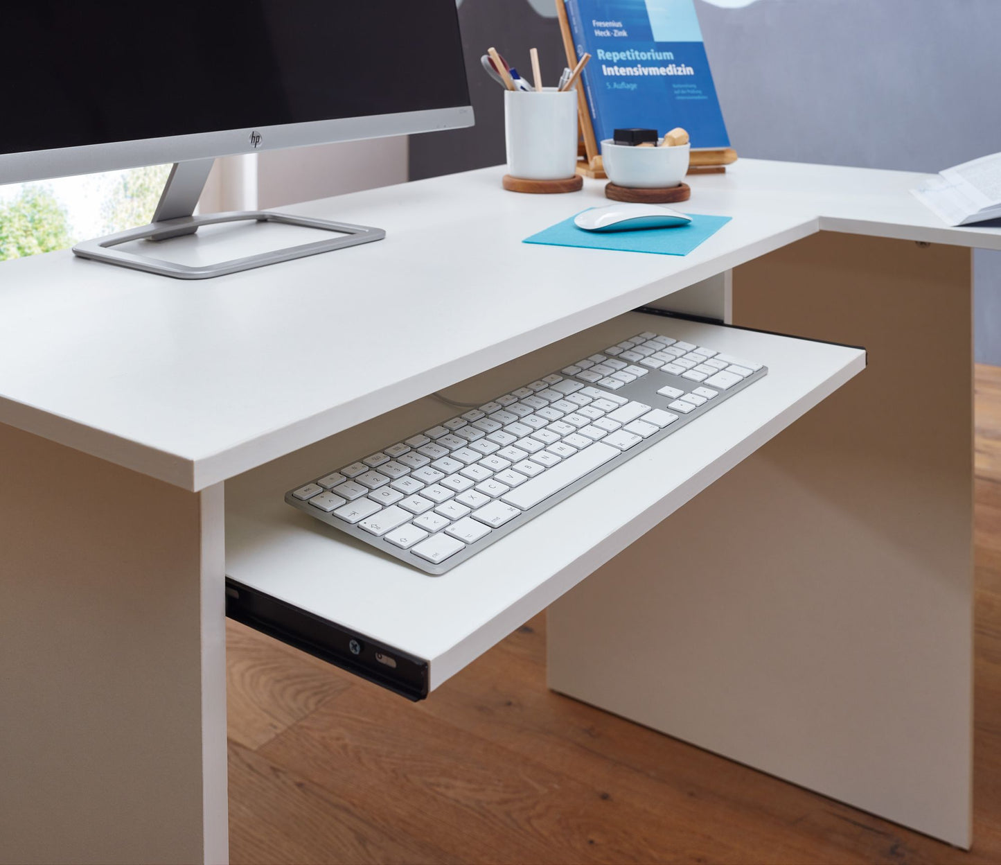 Design Schreibtischkombination 140 mal 75 5 mal 120 cm Weiss Schreibtisch mit Regal und Tastaturauszug Arbeitszimmer Home Office Tisch Buero Modern