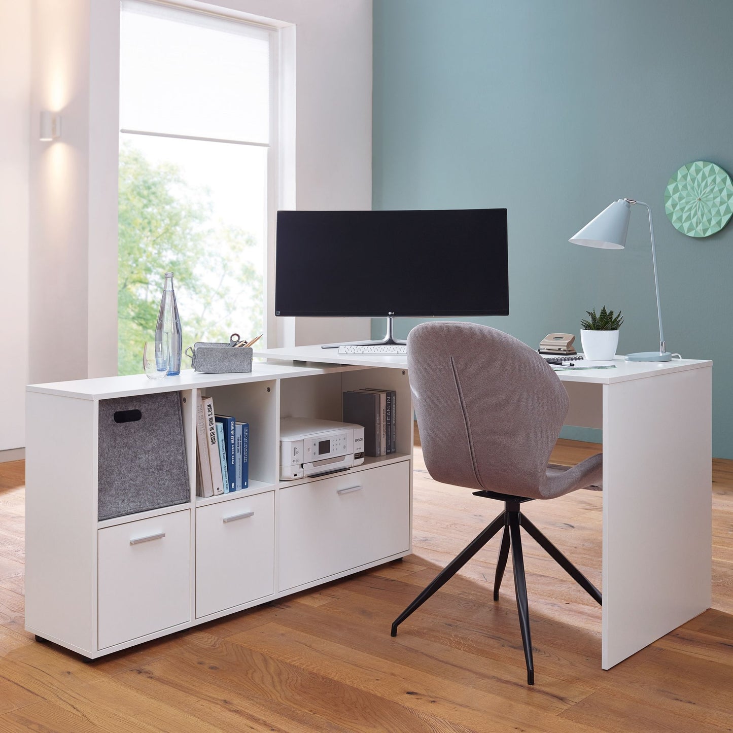 Schreibtischkombination 136 mal 75 5 mal 155 5 cm Weiss Schreibtisch mit Sideboard Winkelschreibtisch Home Office Tisch Buero Modern