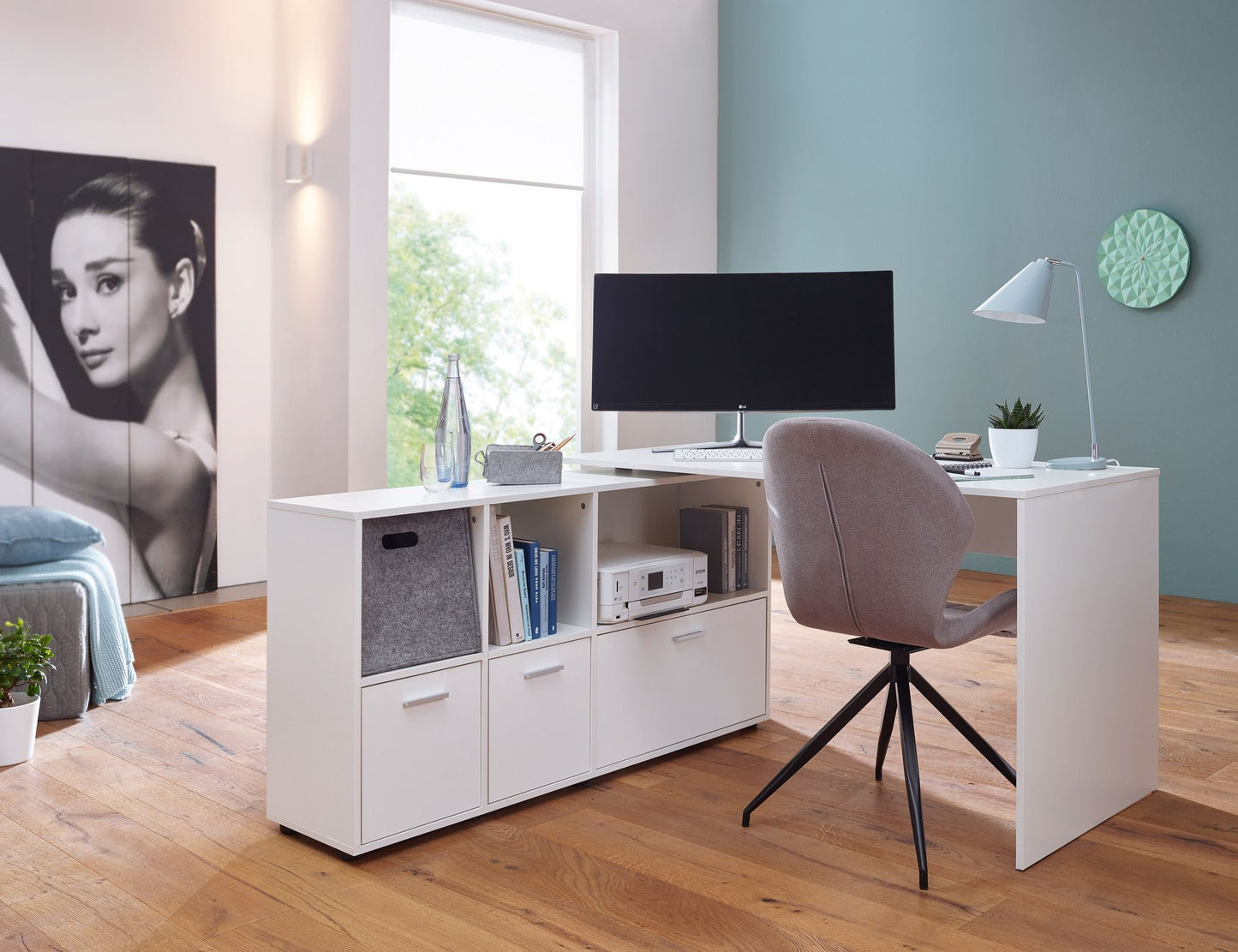 Schreibtischkombination 136 mal 75 5 mal 155 5 cm Weiss Schreibtisch mit Sideboard Winkelschreibtisch Home Office Tisch Buero Modern